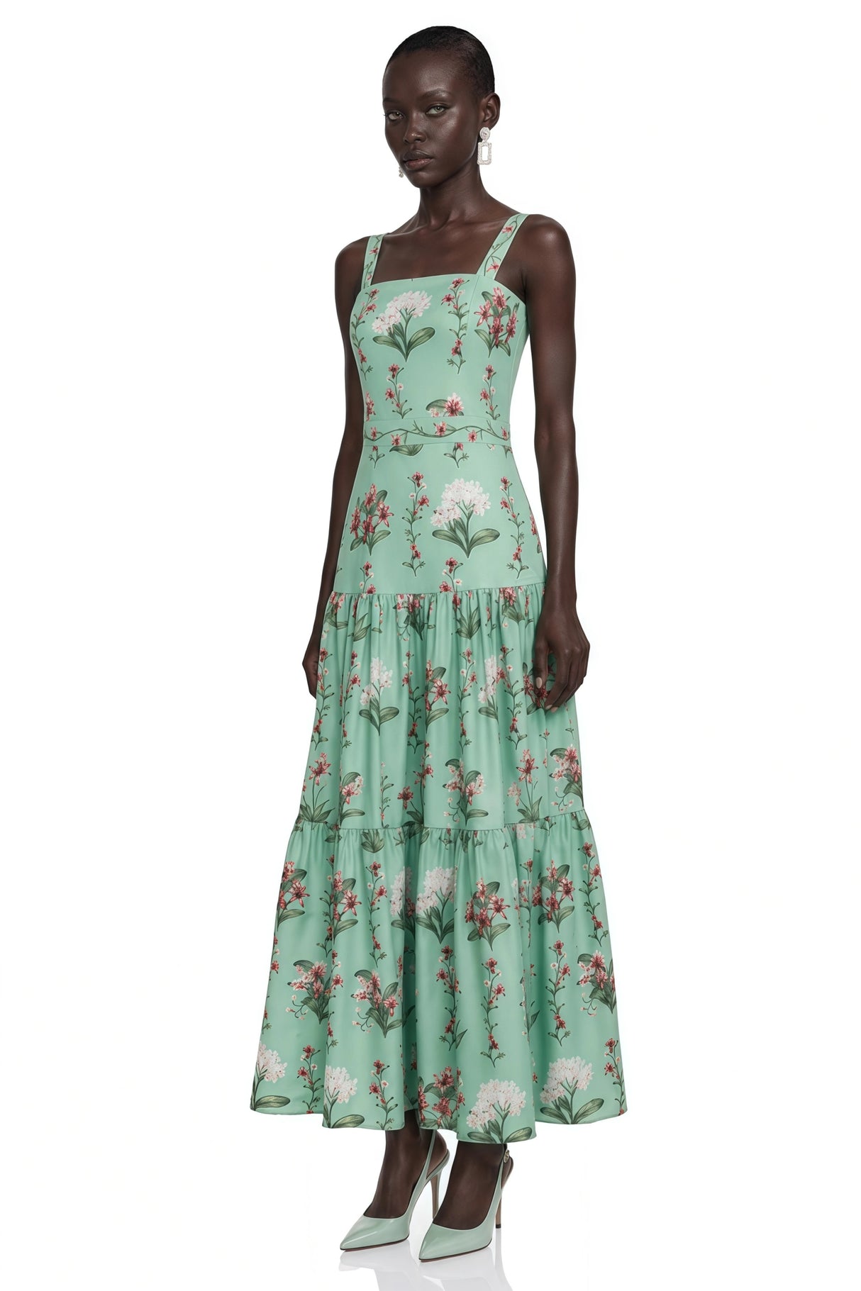Delilah Green Floral Print Midi Dress with Spaghetti Straps