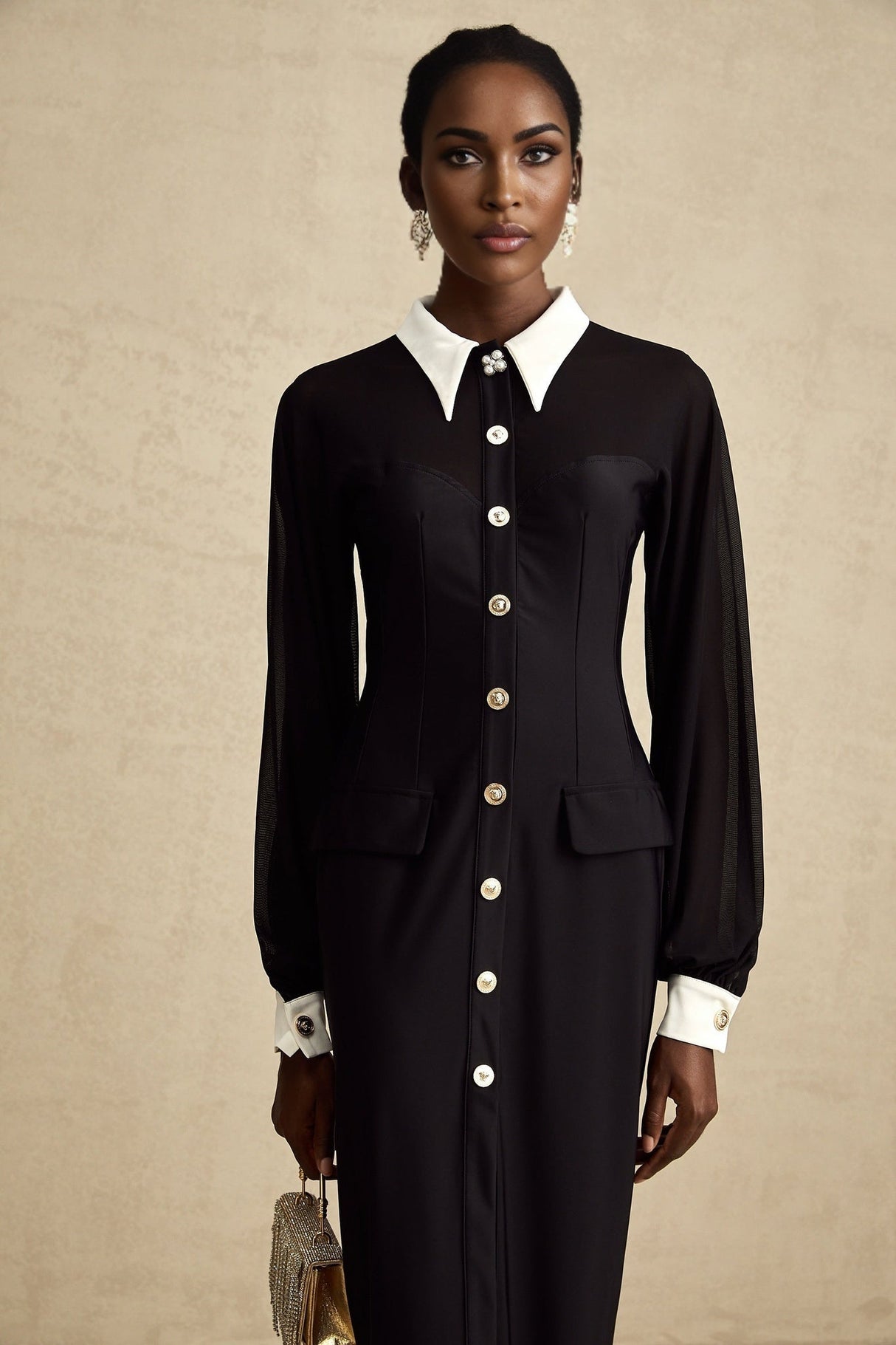 Delilah Maxi Dress - Classic Collar Design - Long Puffy Sleeves - Buttoned Cuffs - Front Flap Pockets