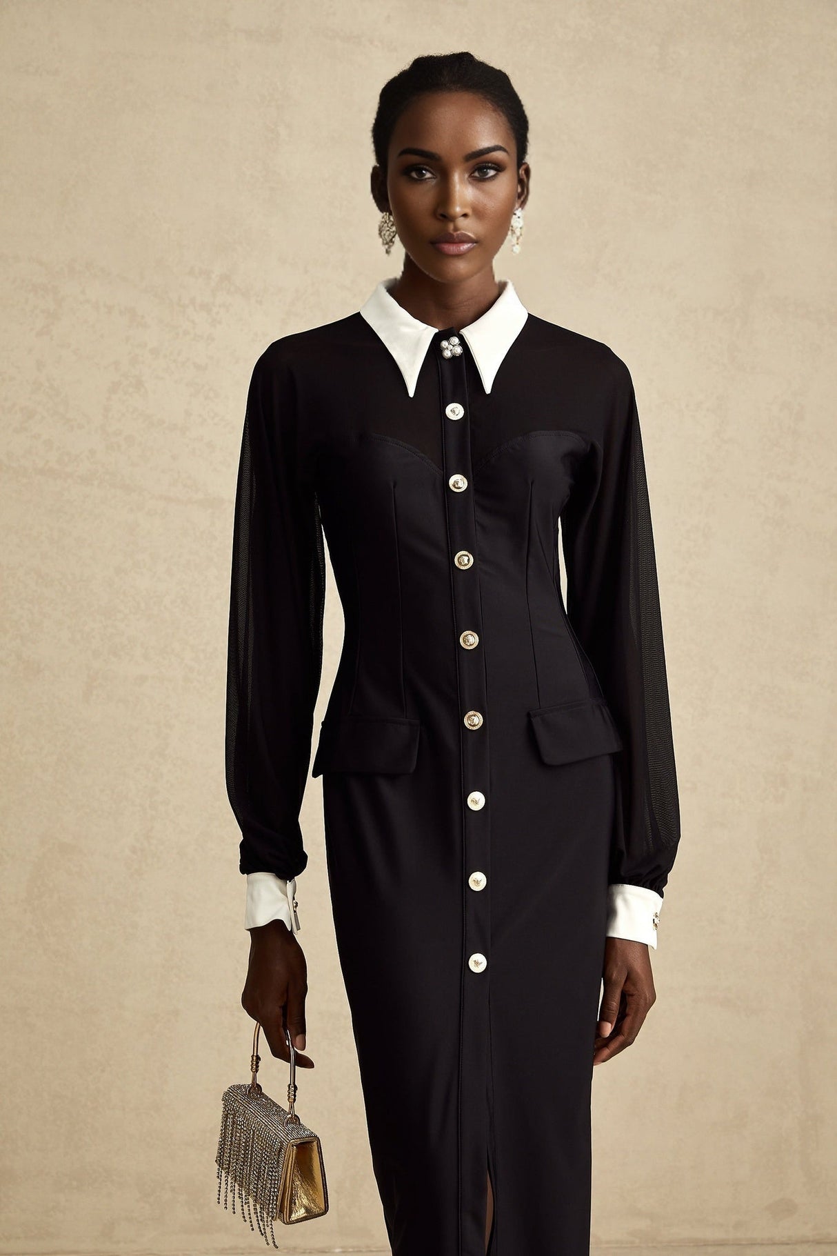 Delilah Maxi Dress - Classic Collar Design - Long Puffy Sleeves - Buttoned Cuffs - Front Flap Pockets