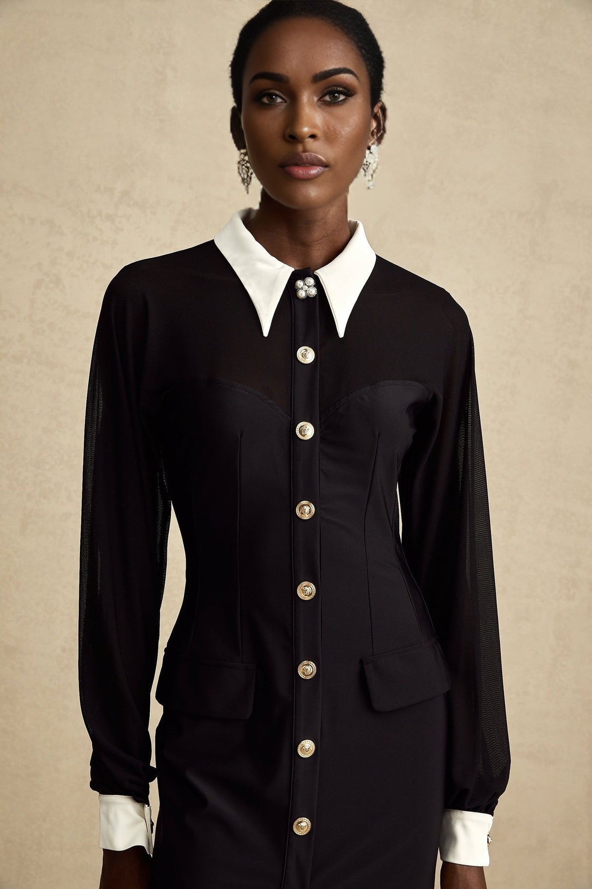 Delilah Maxi Dress - Classic Collar Design - Long Puffy Sleeves - Buttoned Cuffs - Front Flap Pockets