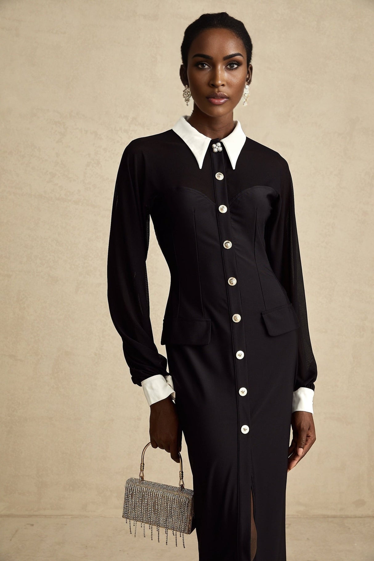 Delilah Maxi Dress - Classic Collar Design - Long Puffy Sleeves - Buttoned Cuffs - Front Flap Pockets