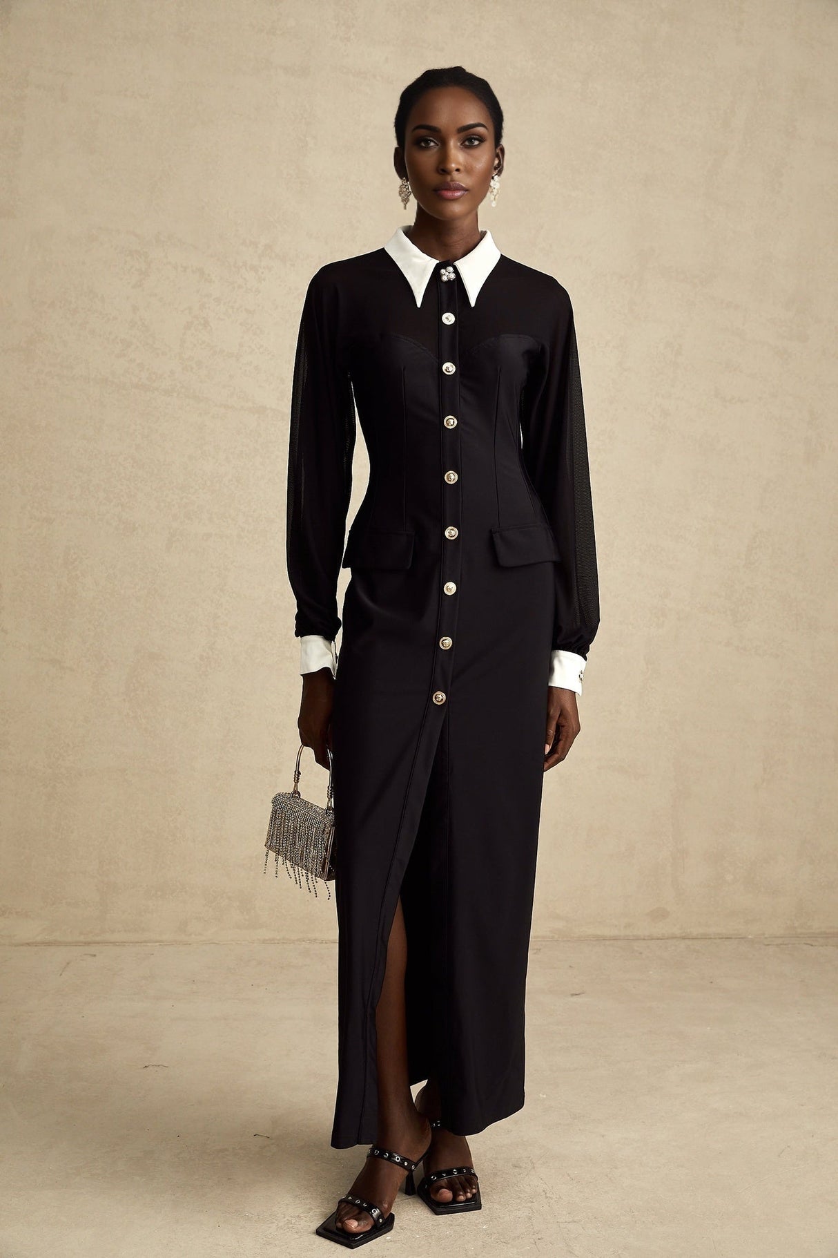 Delilah Maxi Dress - Classic Collar Design - Long Puffy Sleeves - Buttoned Cuffs - Front Flap Pockets