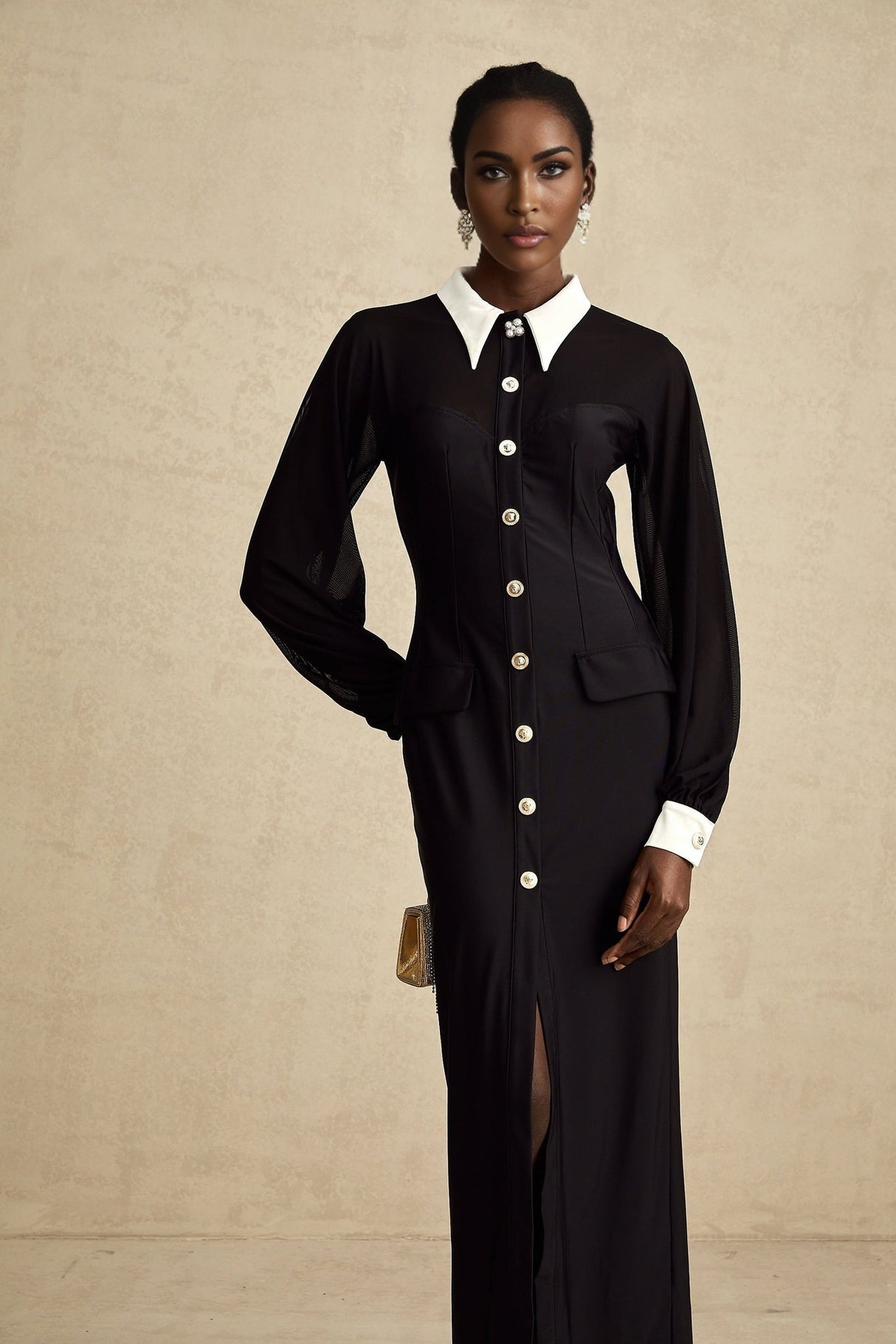 Delilah Maxi Dress - Classic Collar Design - Long Puffy Sleeves - Buttoned Cuffs - Front Flap Pockets