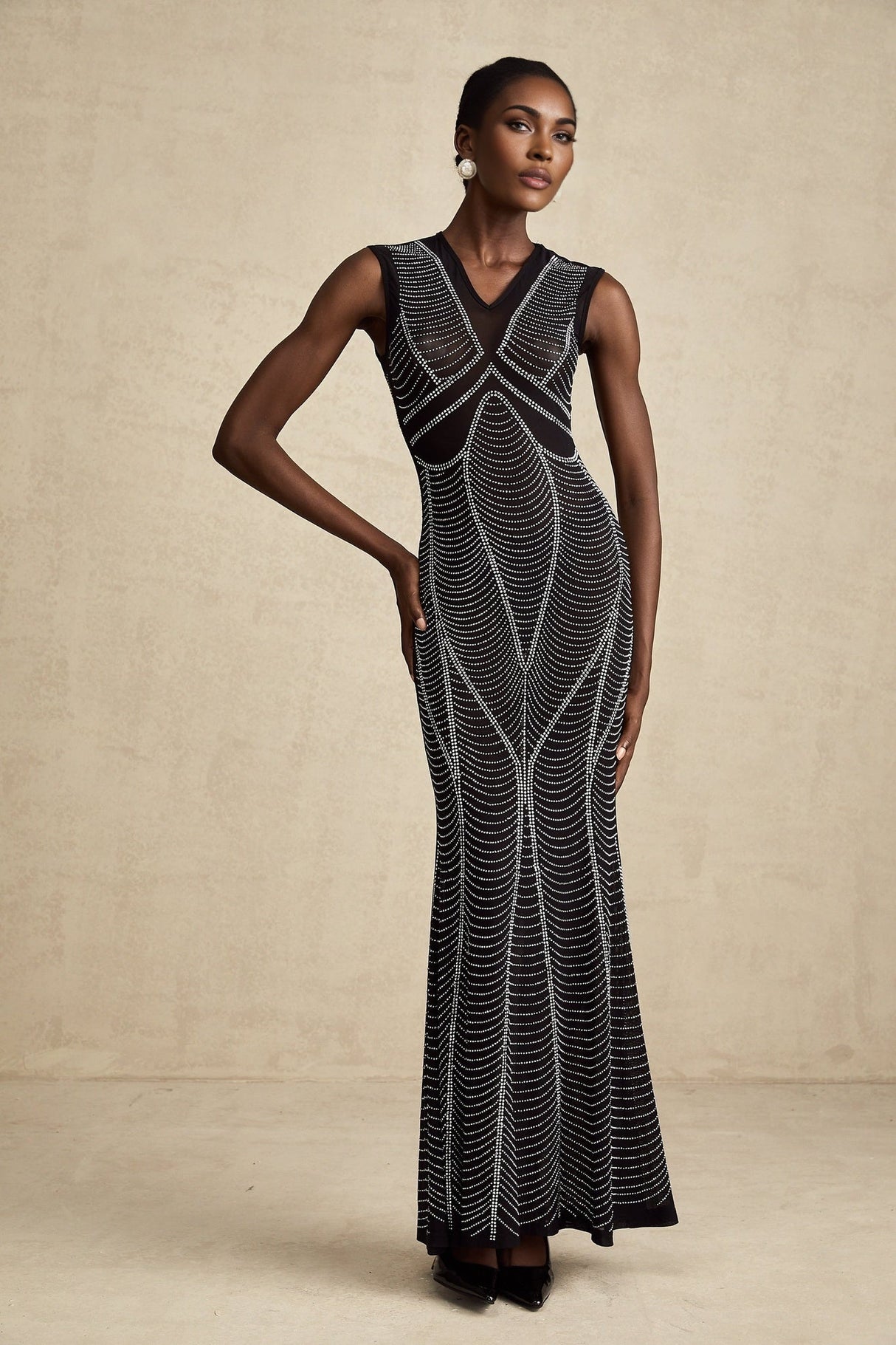 Delilah Maxi Dress - Sleeveless V Neck - Fitted Waistline - Crystal Embellishment - Flared Hem - Semi - Sheer