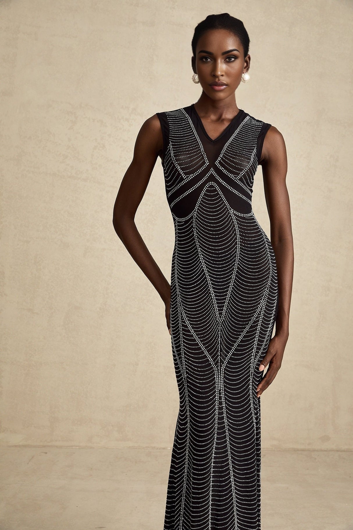 Delilah Maxi Dress - Sleeveless V Neck - Fitted Waistline - Crystal Embellishment - Flared Hem - Semi - Sheer