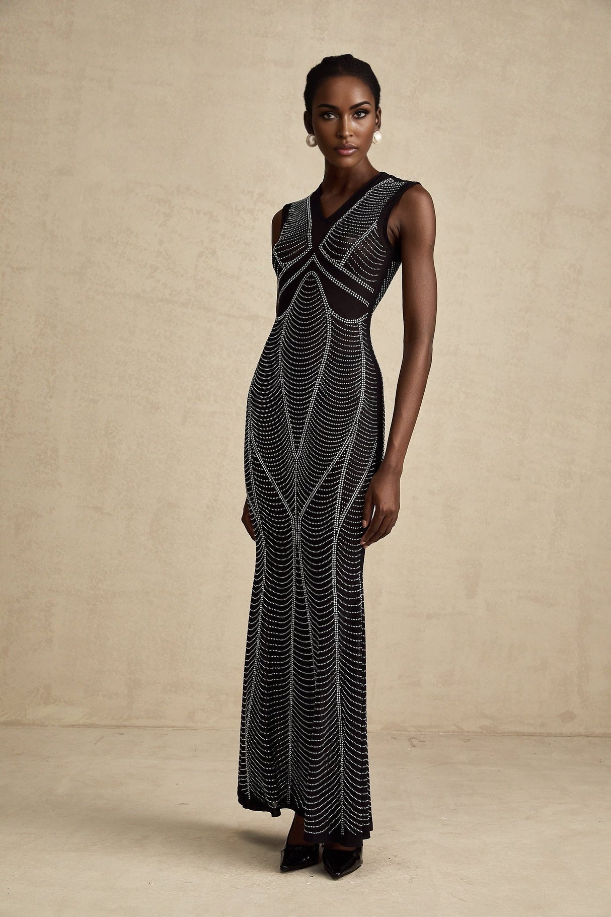 Delilah Maxi Dress - Sleeveless V Neck - Fitted Waistline - Crystal Embellishment - Flared Hem - Semi - Sheer