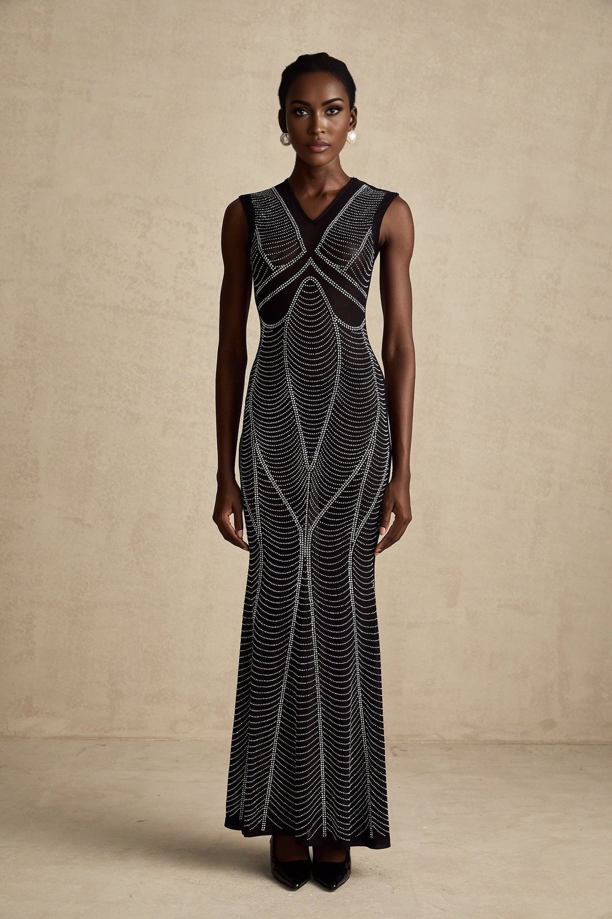 Delilah Maxi Dress - Sleeveless V Neck - Fitted Waistline - Crystal Embellishment - Flared Hem - Semi - Sheer