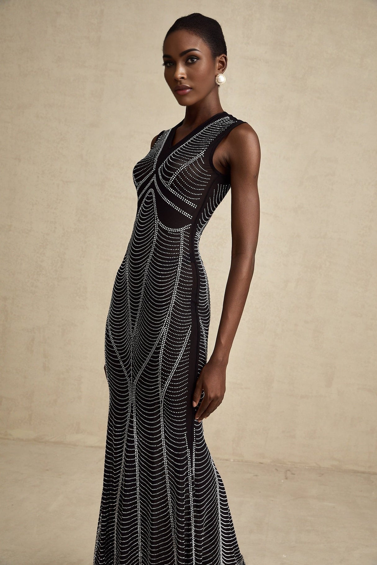 Delilah Maxi Dress - Sleeveless V Neck - Fitted Waistline - Crystal Embellishment - Flared Hem - Semi - Sheer