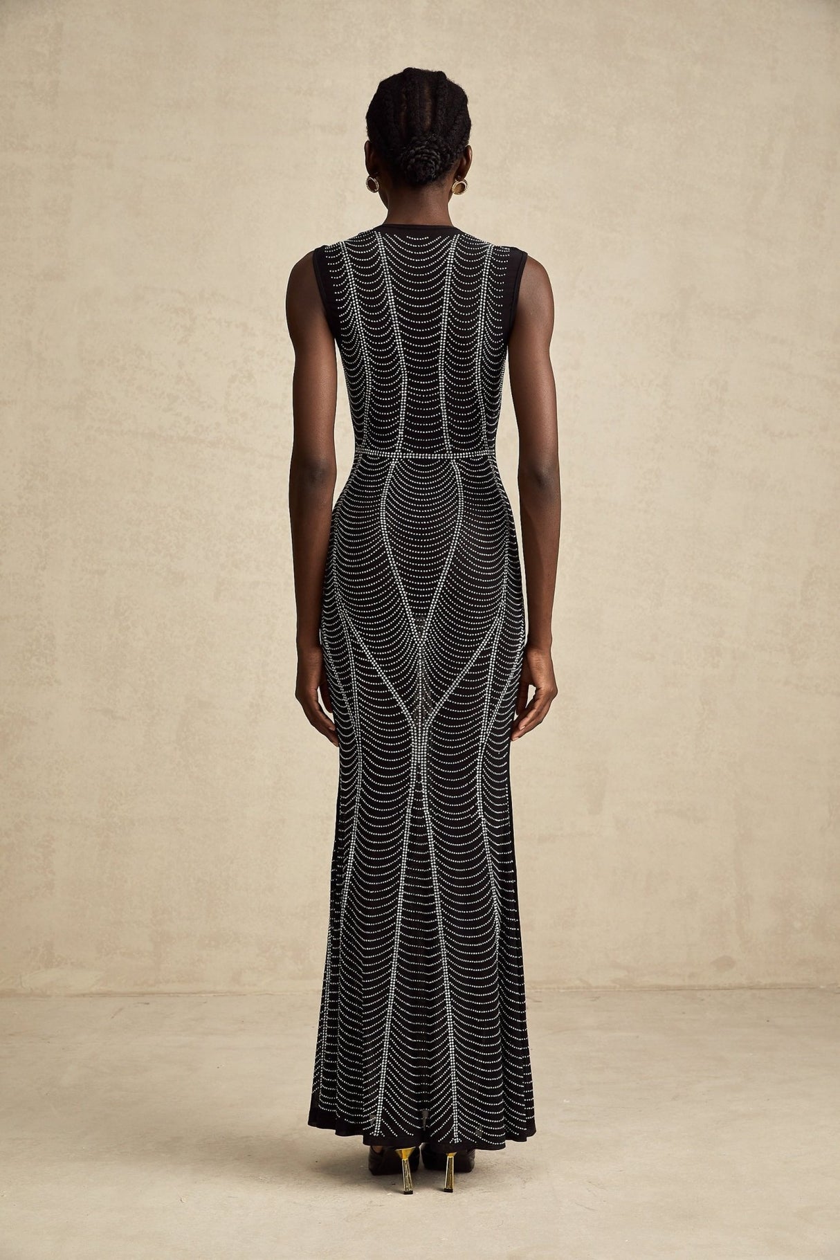 Delilah Maxi Dress - Sleeveless V Neck - Fitted Waistline - Crystal Embellishment - Flared Hem - Semi - Sheer