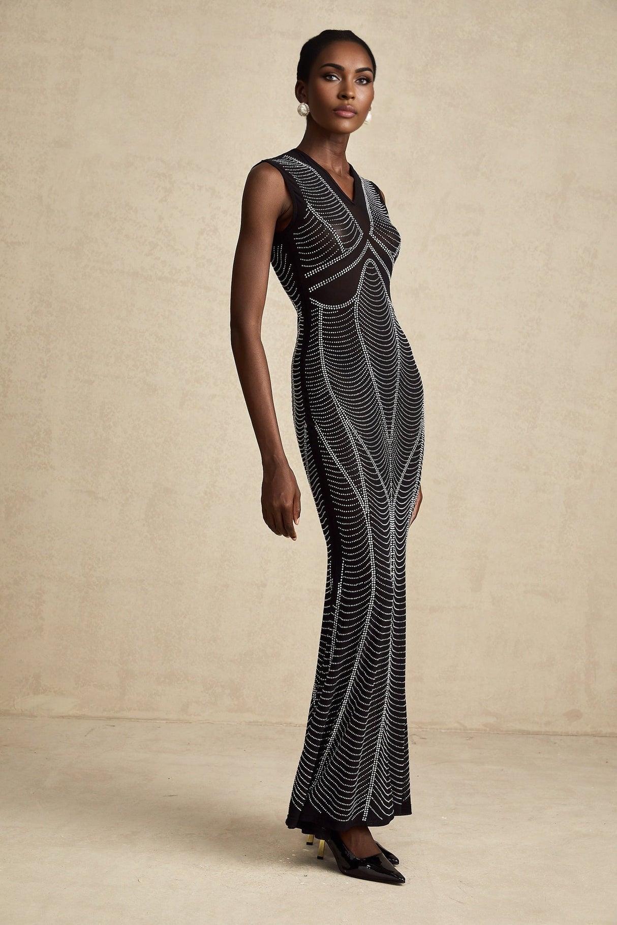 Delilah Maxi Dress - Sleeveless V Neck - Fitted Waistline - Crystal Embellishment - Flared Hem - Semi - Sheer