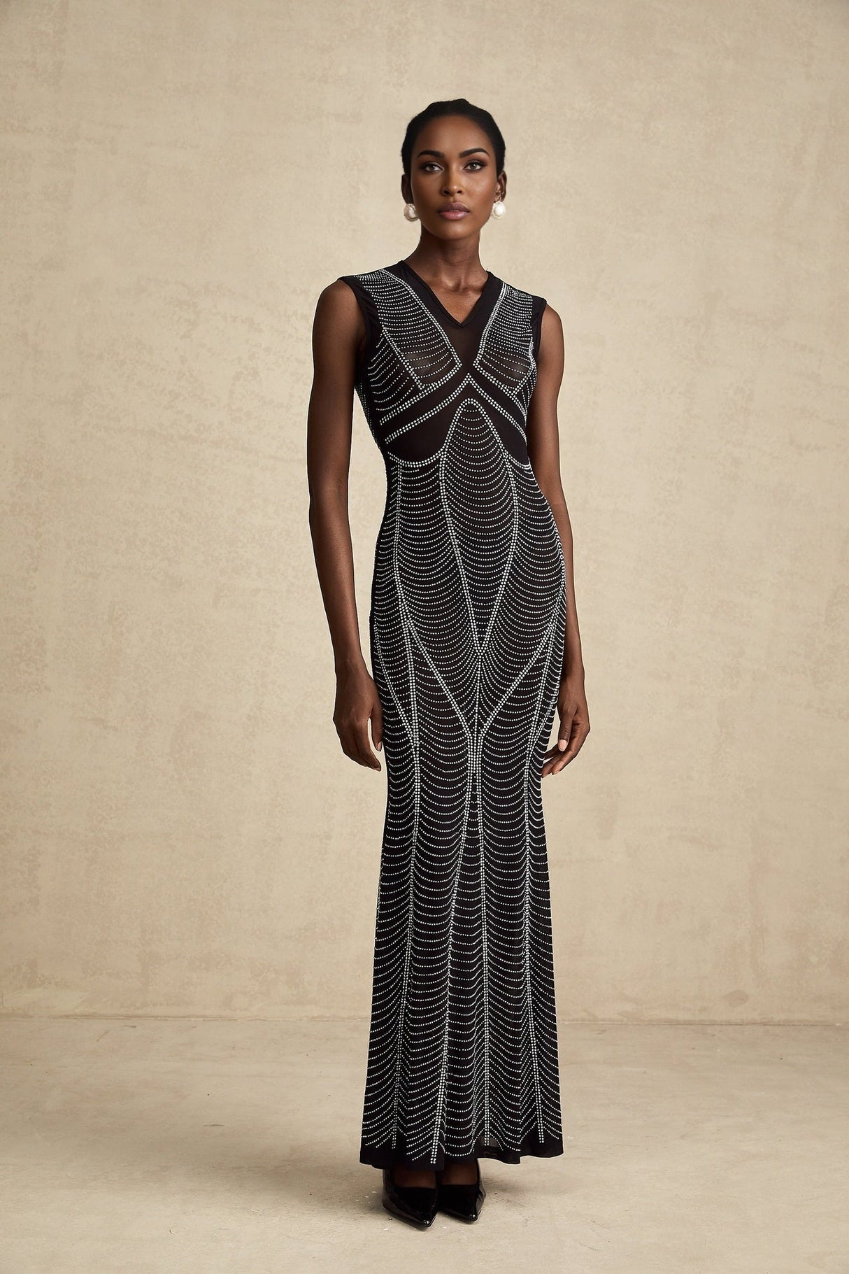 Delilah Maxi Dress - Sleeveless V Neck - Fitted Waistline - Crystal Embellishment - Flared Hem - Semi - Sheer