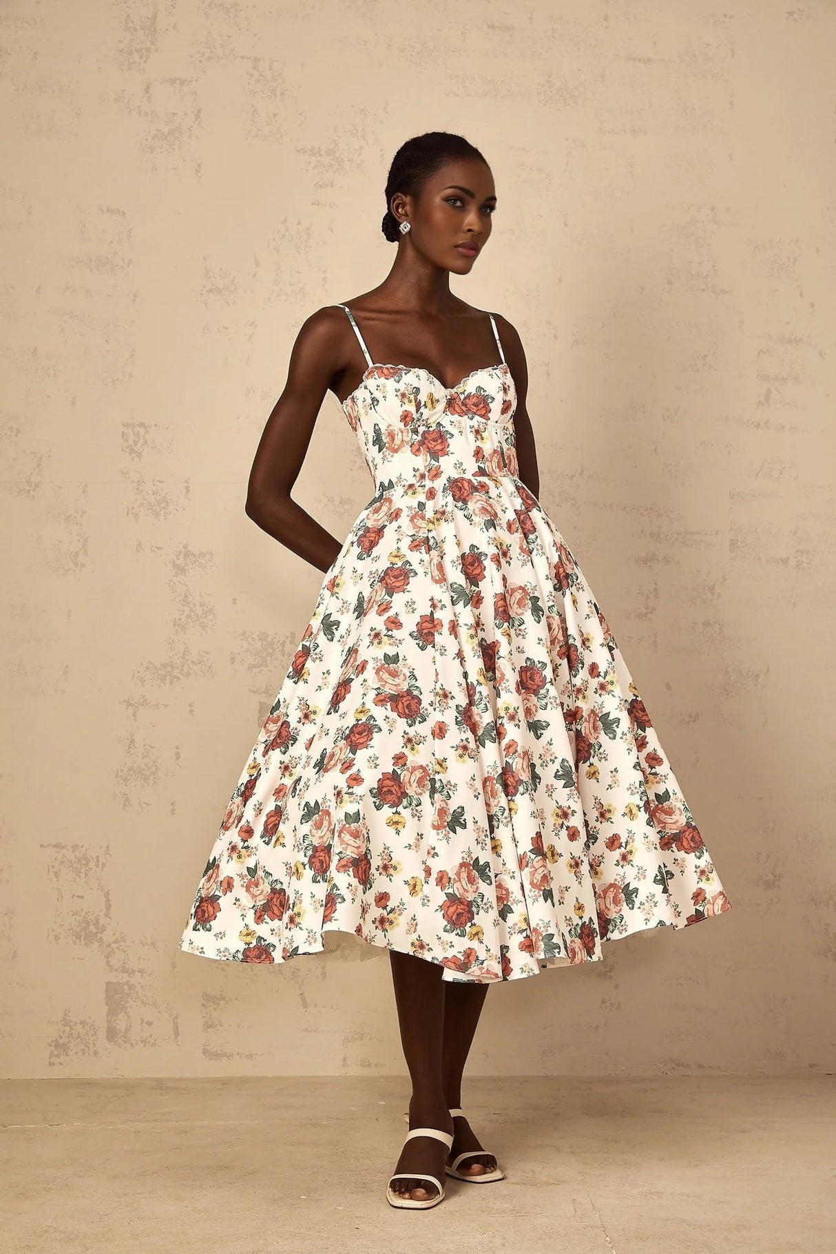 Delilah Midi Dress White Rose Print Flounce Sweetheart Boned & Zip