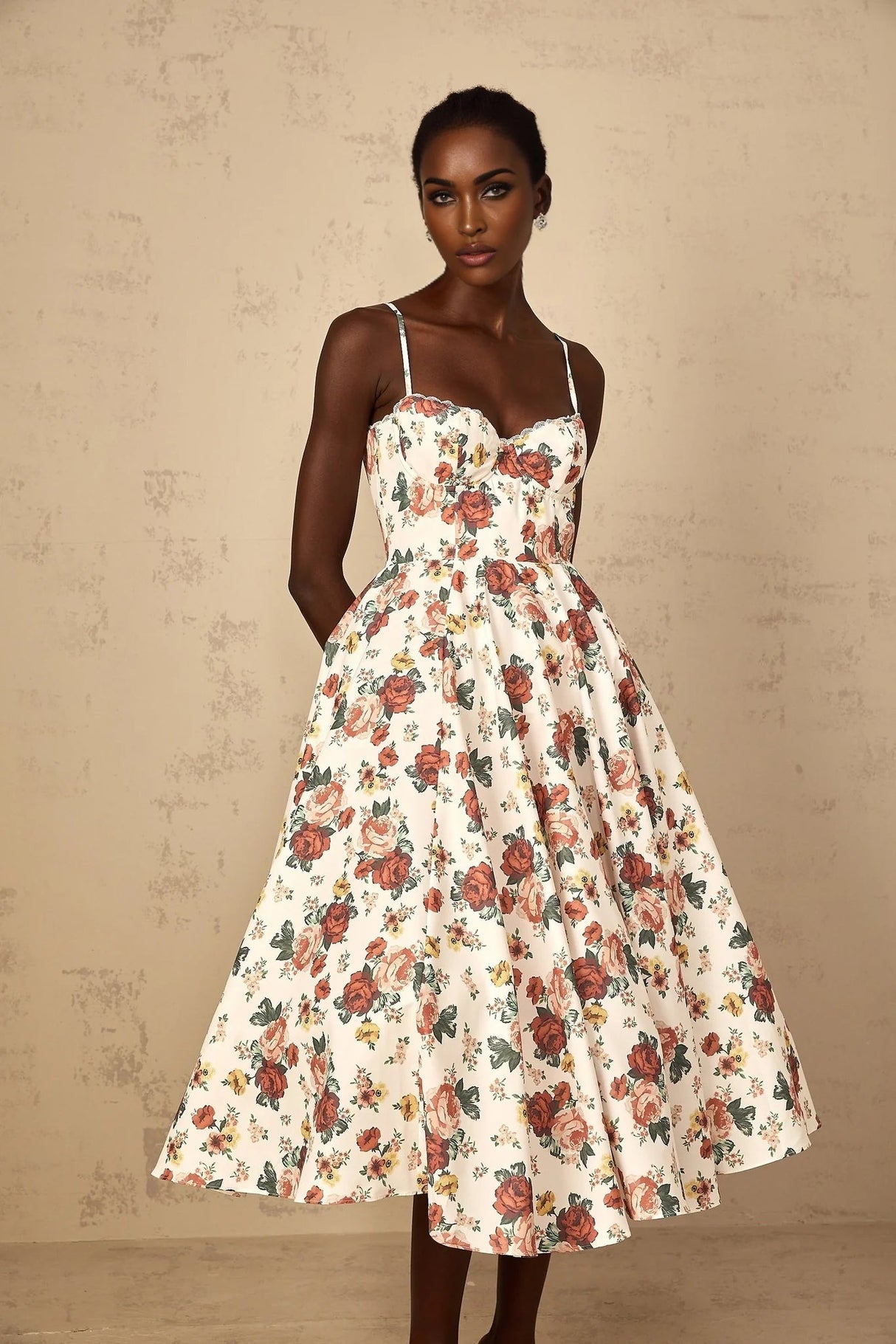 Delilah Midi Dress White Rose Print Flounce Sweetheart Boned & Zip