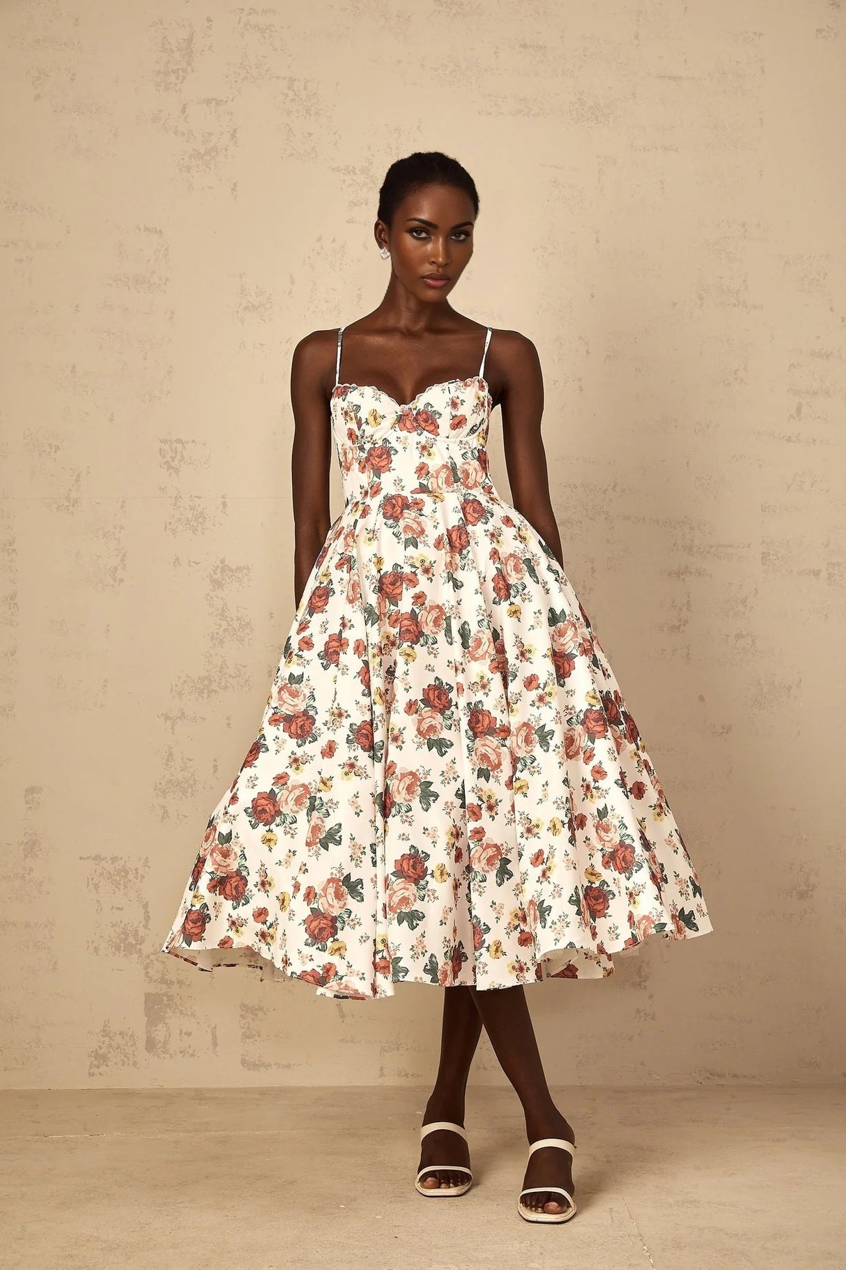 Delilah Midi Dress White Rose Print Flounce Sweetheart Boned & Zip