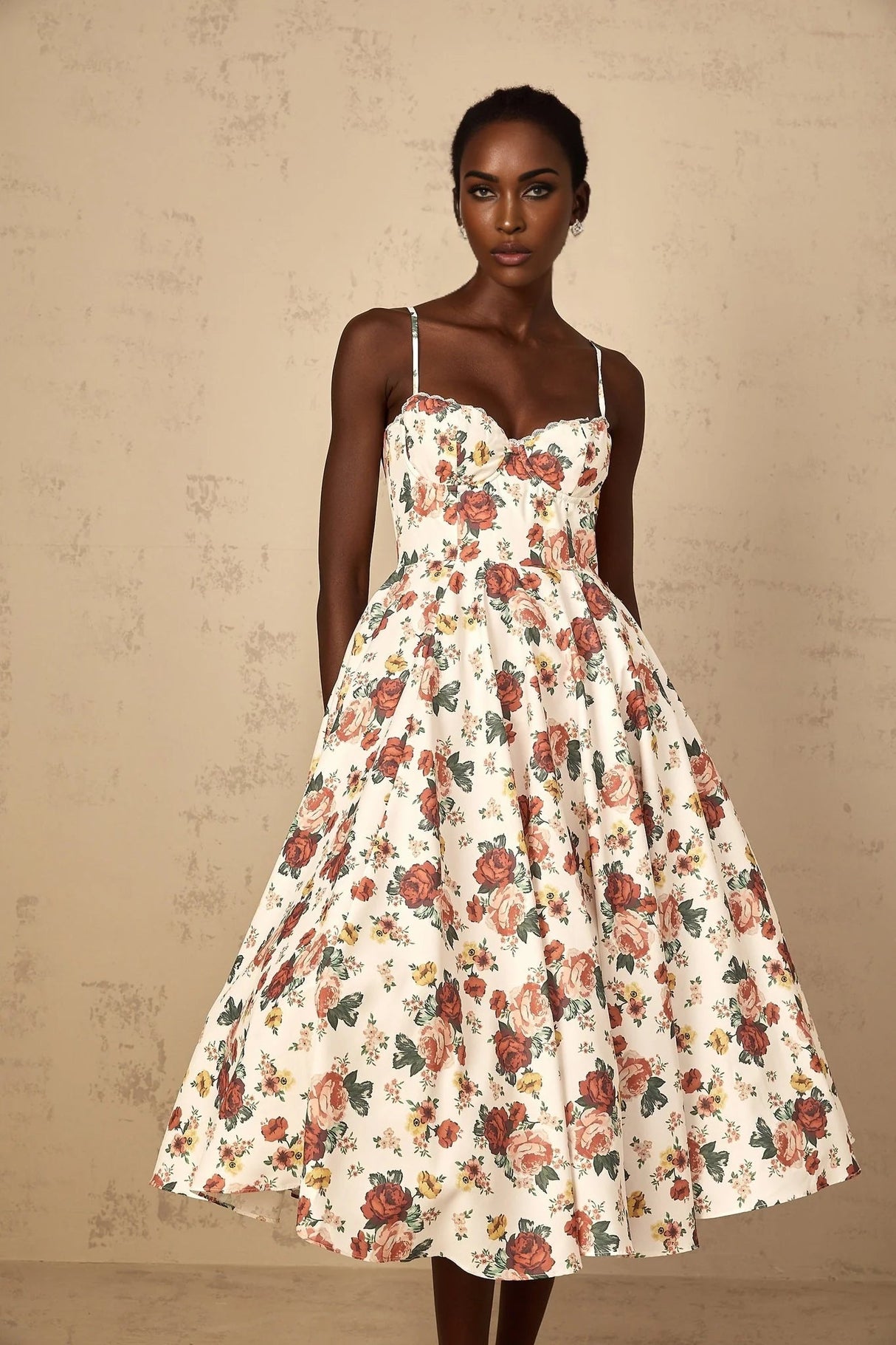 Delilah Midi Dress White Rose Print Flounce Sweetheart Boned & Zip