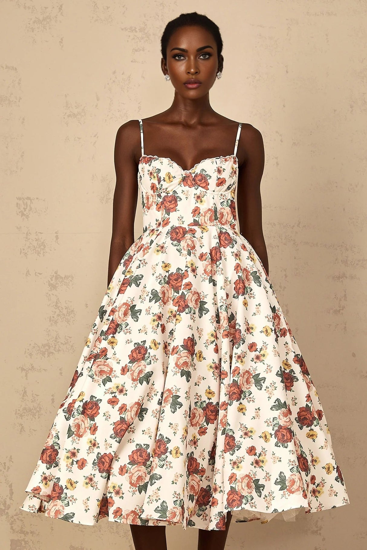 Delilah Midi Dress White Rose Print Flounce Sweetheart Boned & Zip