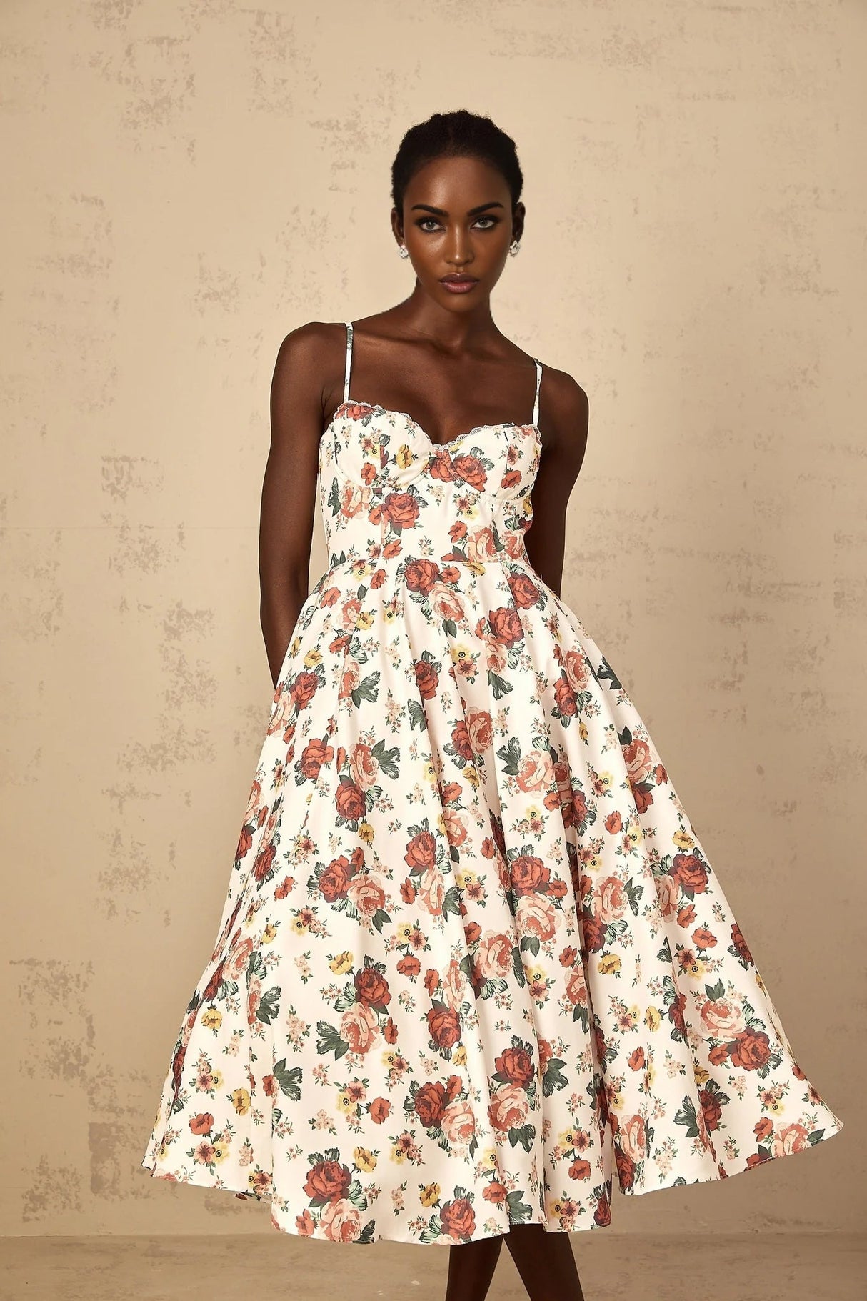 Delilah Midi Dress White Rose Print Flounce Sweetheart Boned & Zip