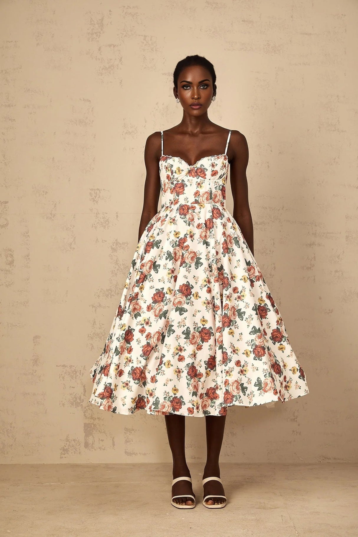 Delilah Midi Dress White Rose Print Flounce Sweetheart Boned & Zip