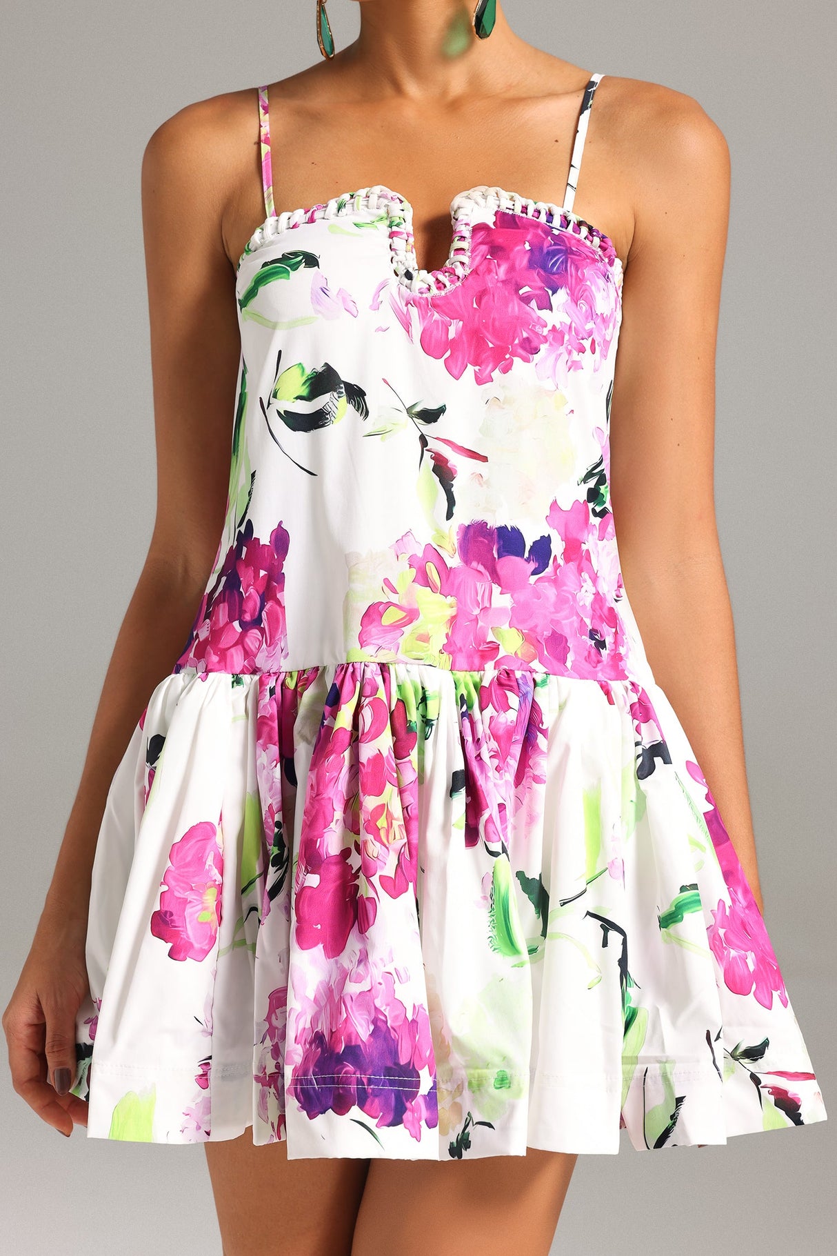 Delilah White Floral Dress Sweetheart Neckline Spaghetti Straps Flared Silhouette