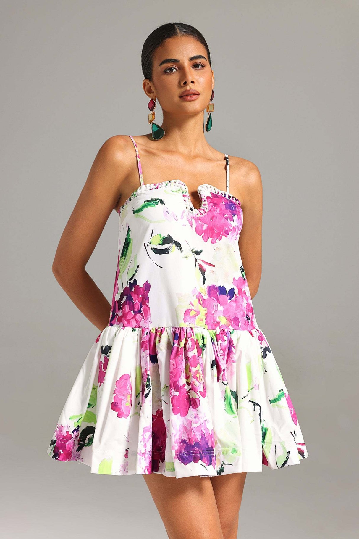 Delilah White Floral Print Sweetheart Neckline Dress