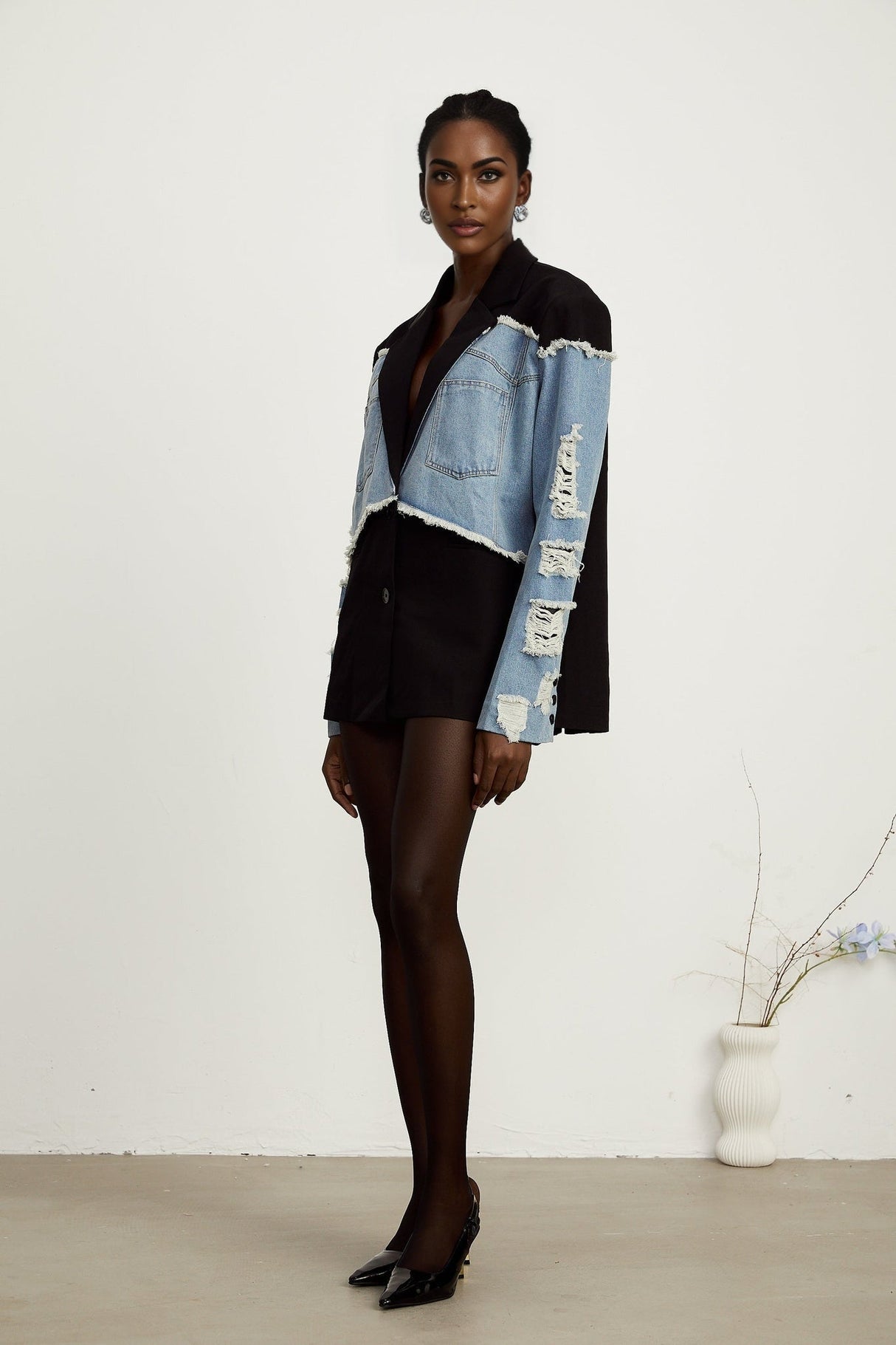 Delizia Denim Blazer - Peak Lapels - Ripped Detailing - Fringed Design - Buttoned Cuffs