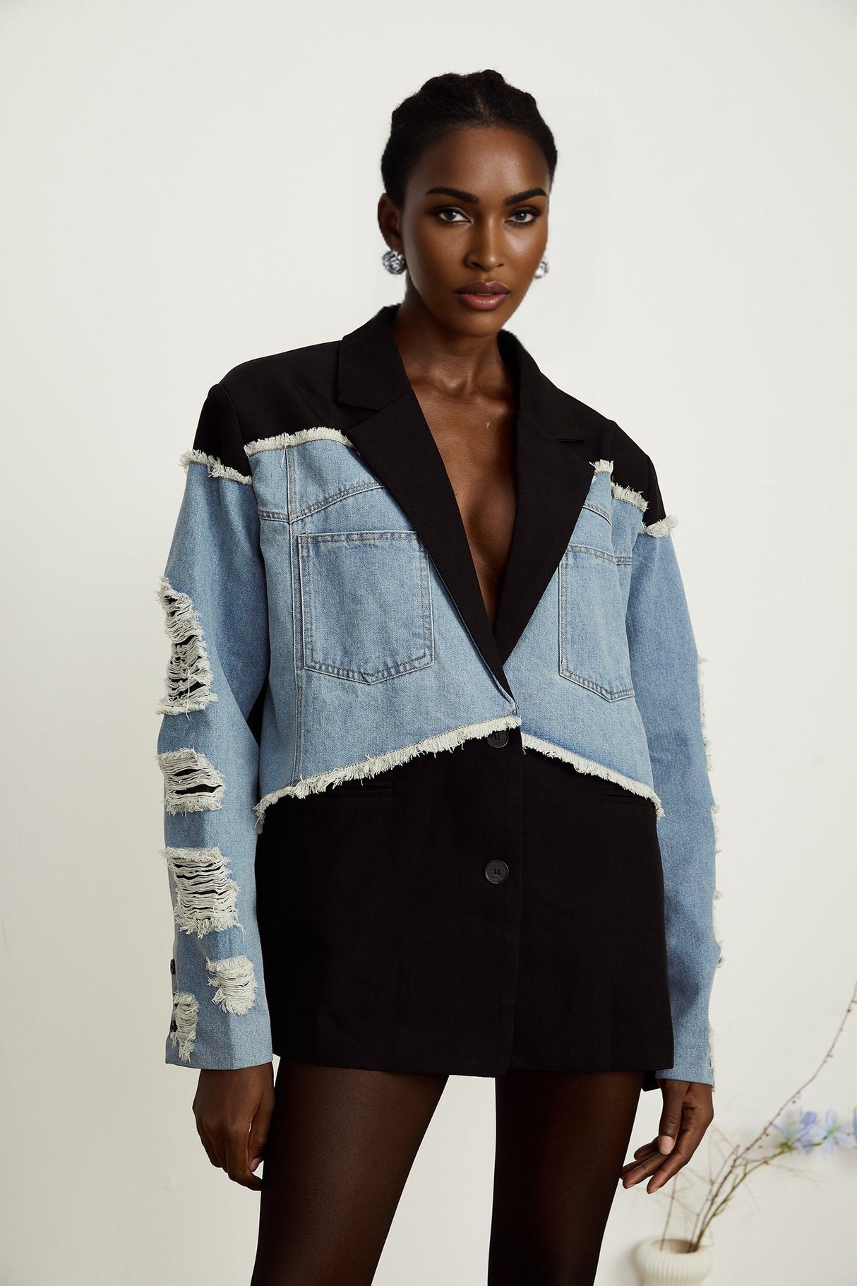 Delizia Denim Blazer - Peak Lapels - Ripped Detailing - Fringed Design - Buttoned Cuffs