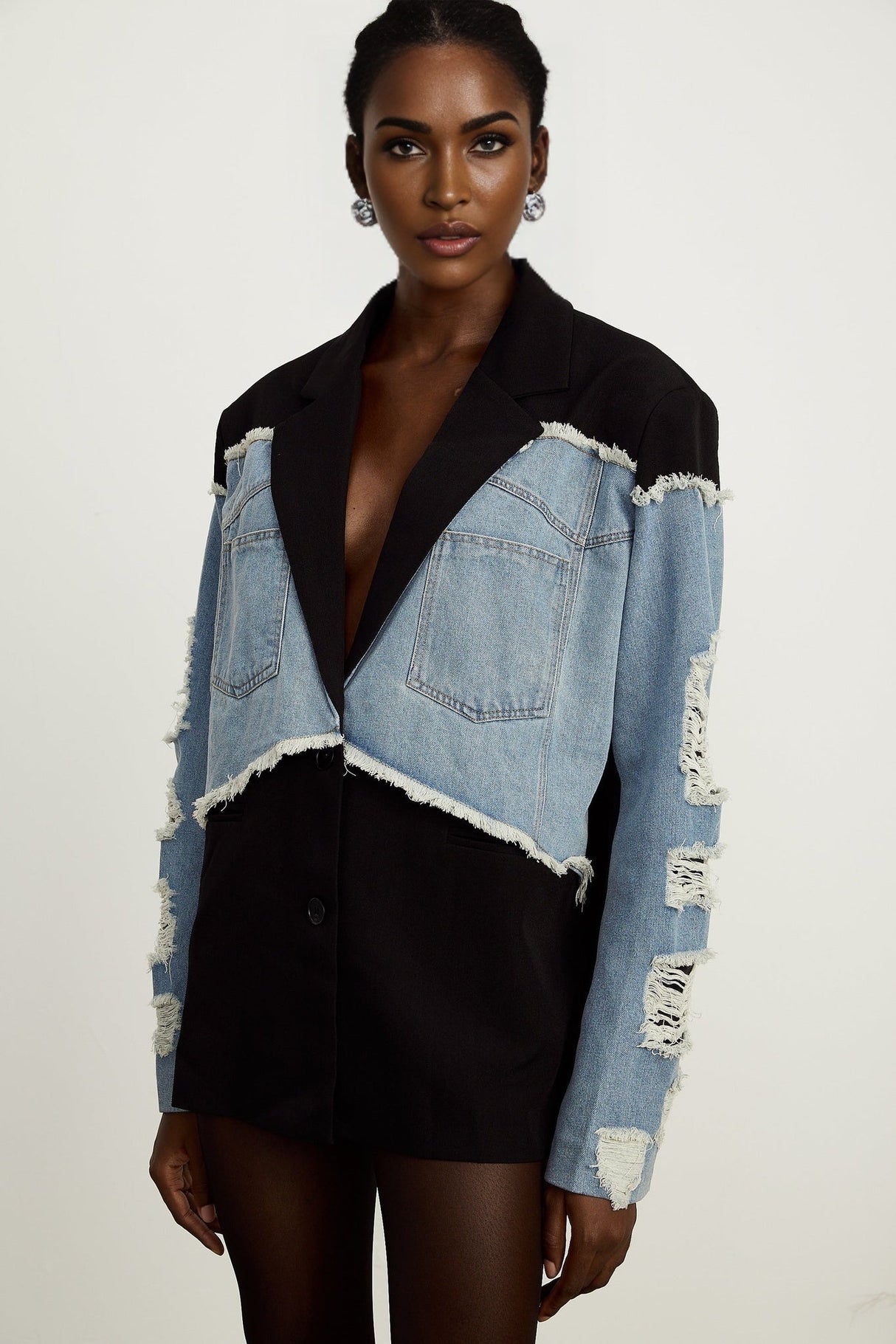 Delizia Denim Blazer - Peak Lapels - Ripped Detailing - Fringed Design - Buttoned Cuffs