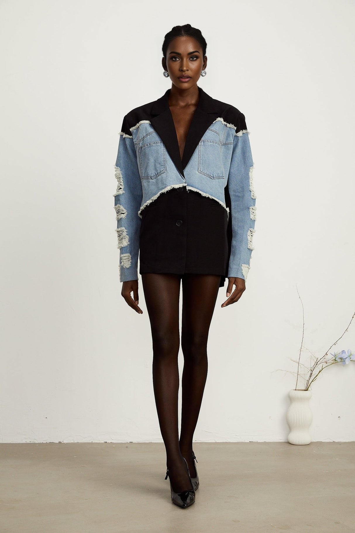 Delizia Denim Blazer - Peak Lapels - Ripped Detailing - Fringed Design - Buttoned Cuffs