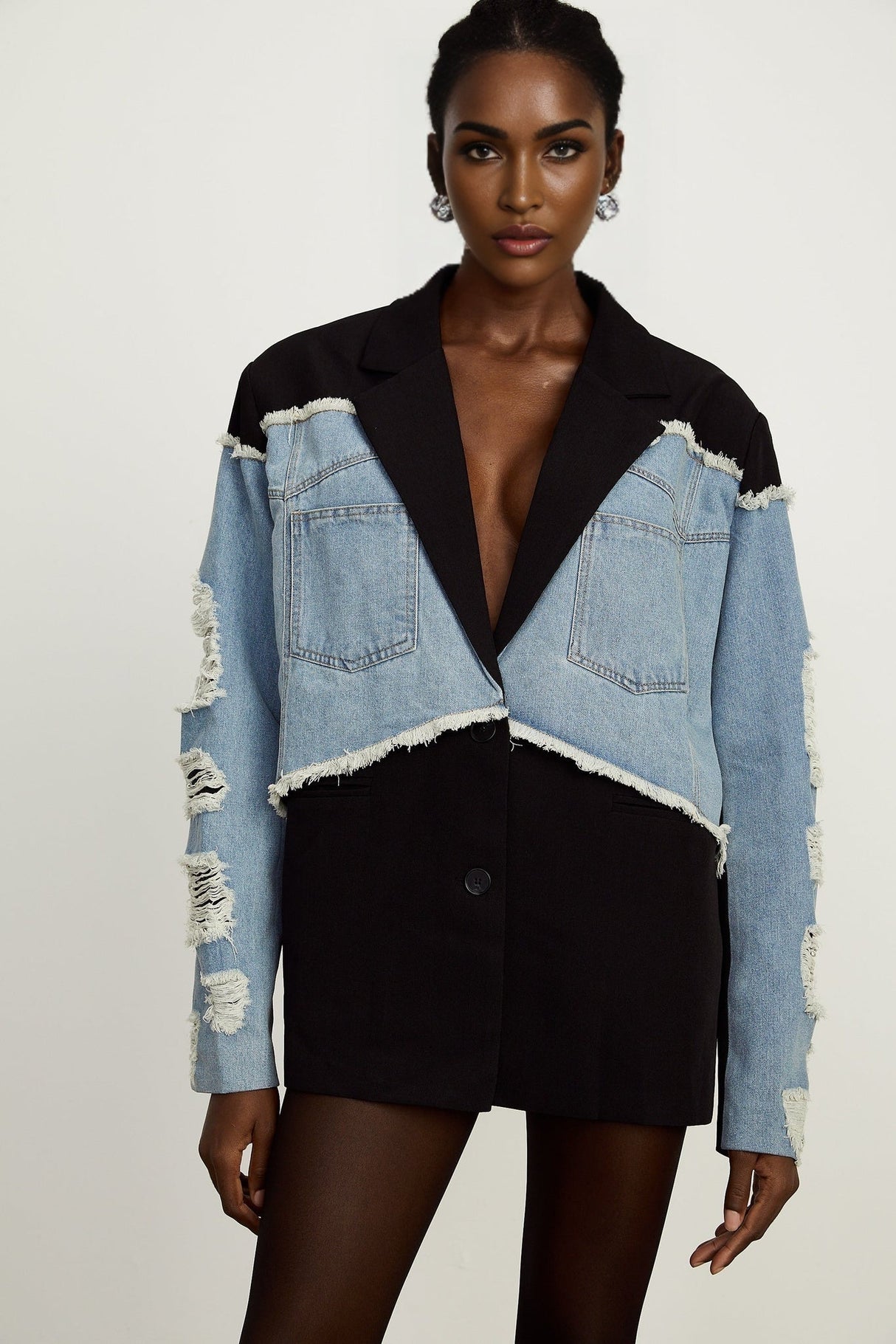 Delizia Denim Blazer - Peak Lapels - Ripped Detailing - Fringed Design - Buttoned Cuffs