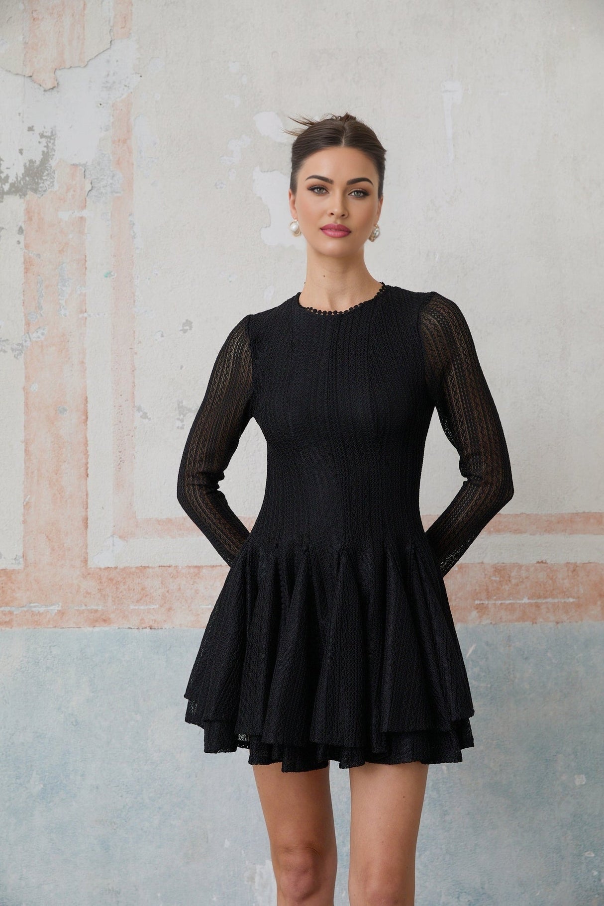 Delizia Mini Dress - Crochet Knit - Puff Skirt - Tiered Design - Long Sleeves - Rear Zip Fastening