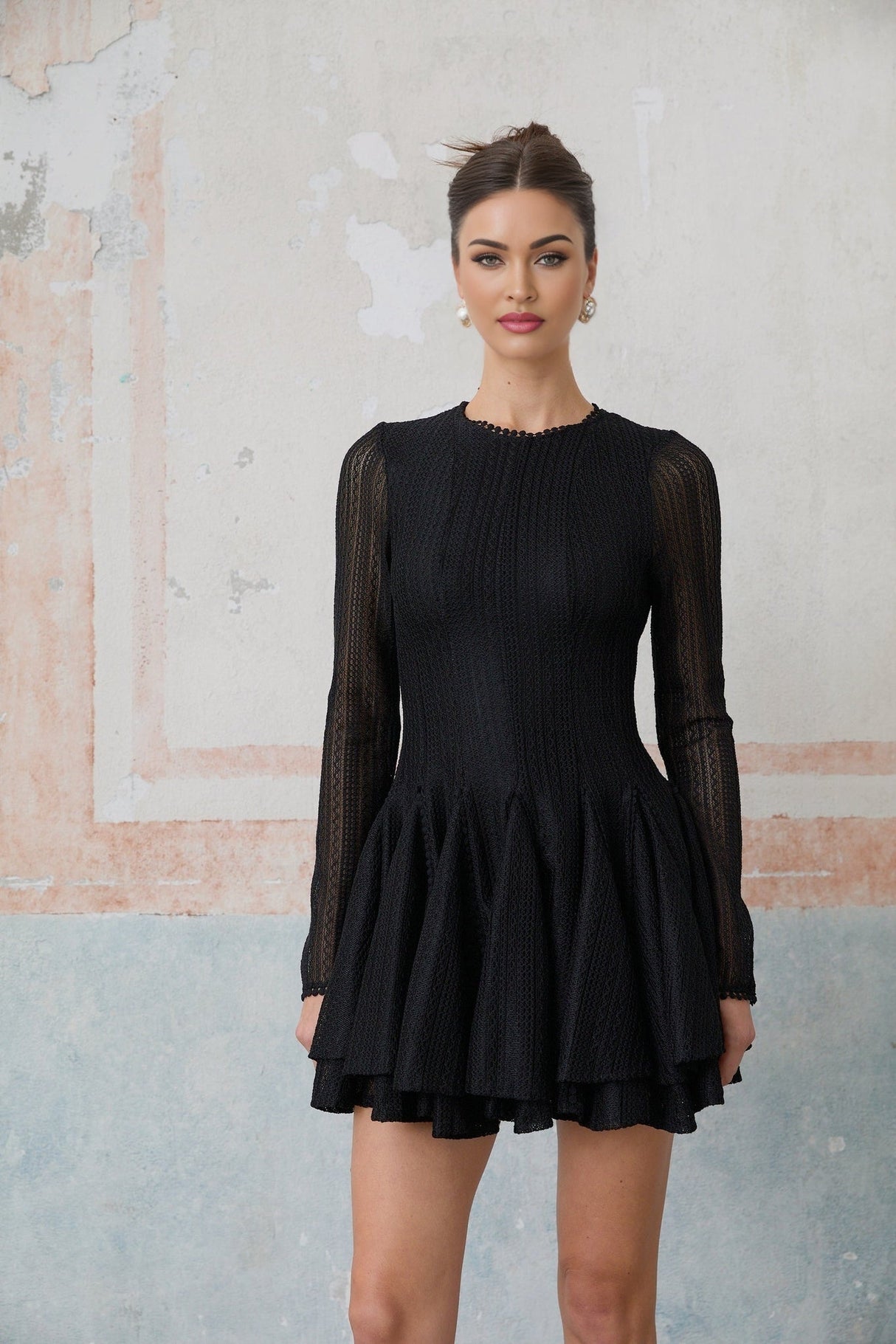 Delizia Mini Dress - Crochet Knit - Puff Skirt - Tiered Design - Long Sleeves - Rear Zip Fastening