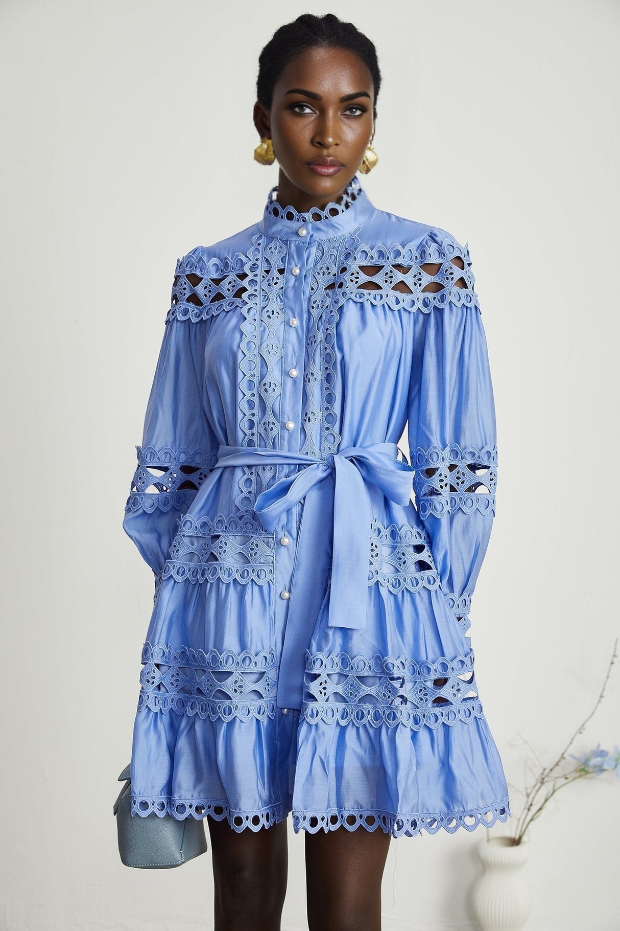 Delizia Mini Dress - Long Sleeves - Mock Neck - Cut - out Design - Belted Waist