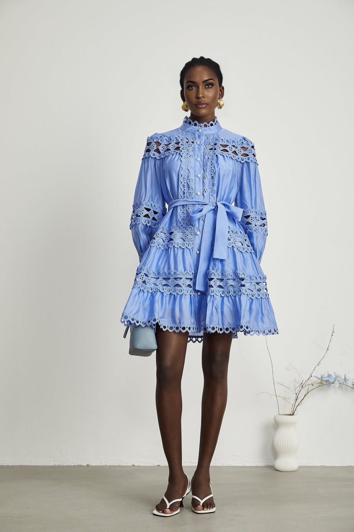 Delizia Mini Dress - Long Sleeves - Mock Neck - Cut - out Design - Belted Waist