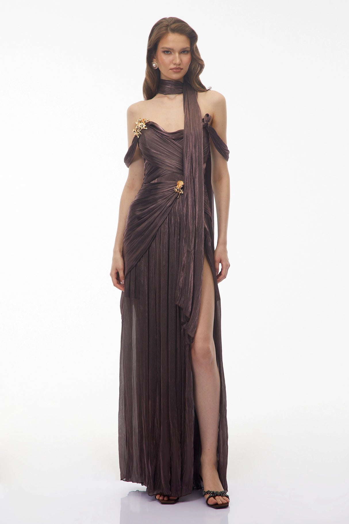 Delphine Chocolate Brown Off Shoulder Ruched Maxi Dress