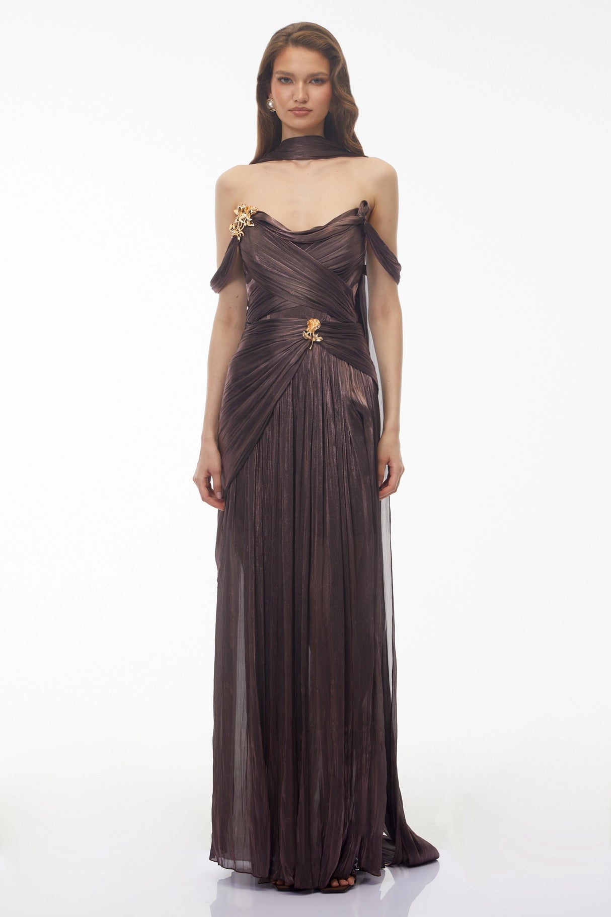 Delphine Chocolate Brown Off Shoulder Ruched Maxi Dress
