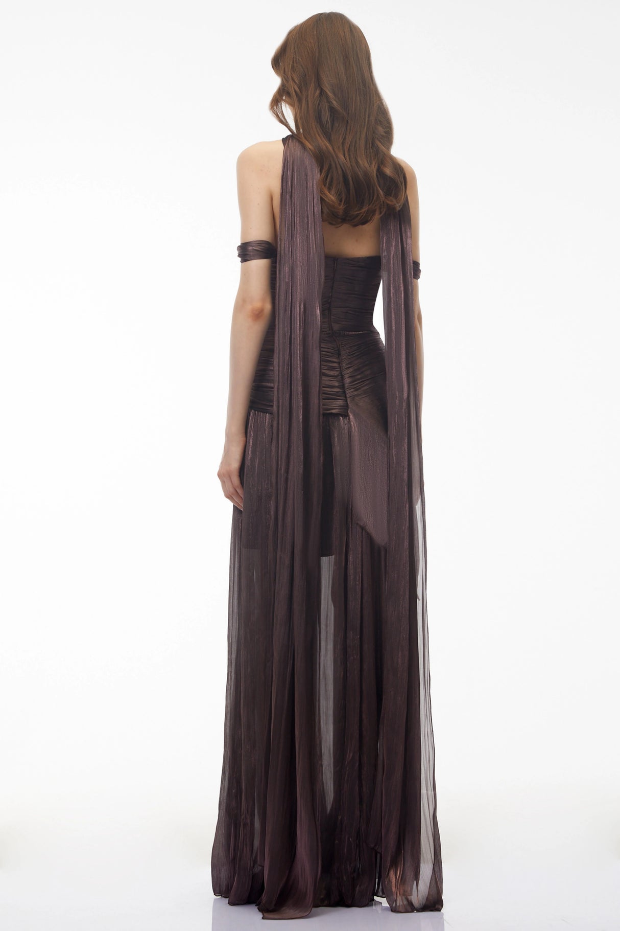 Delphine Chocolate Brown Off Shoulder Ruched Maxi Dress