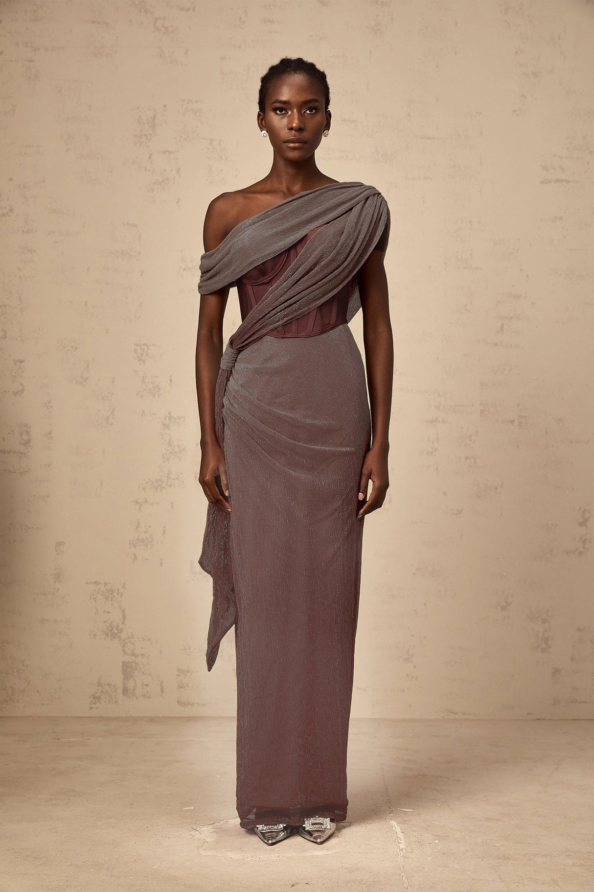 Delphine ribbondesign corset maxi dress in Brown