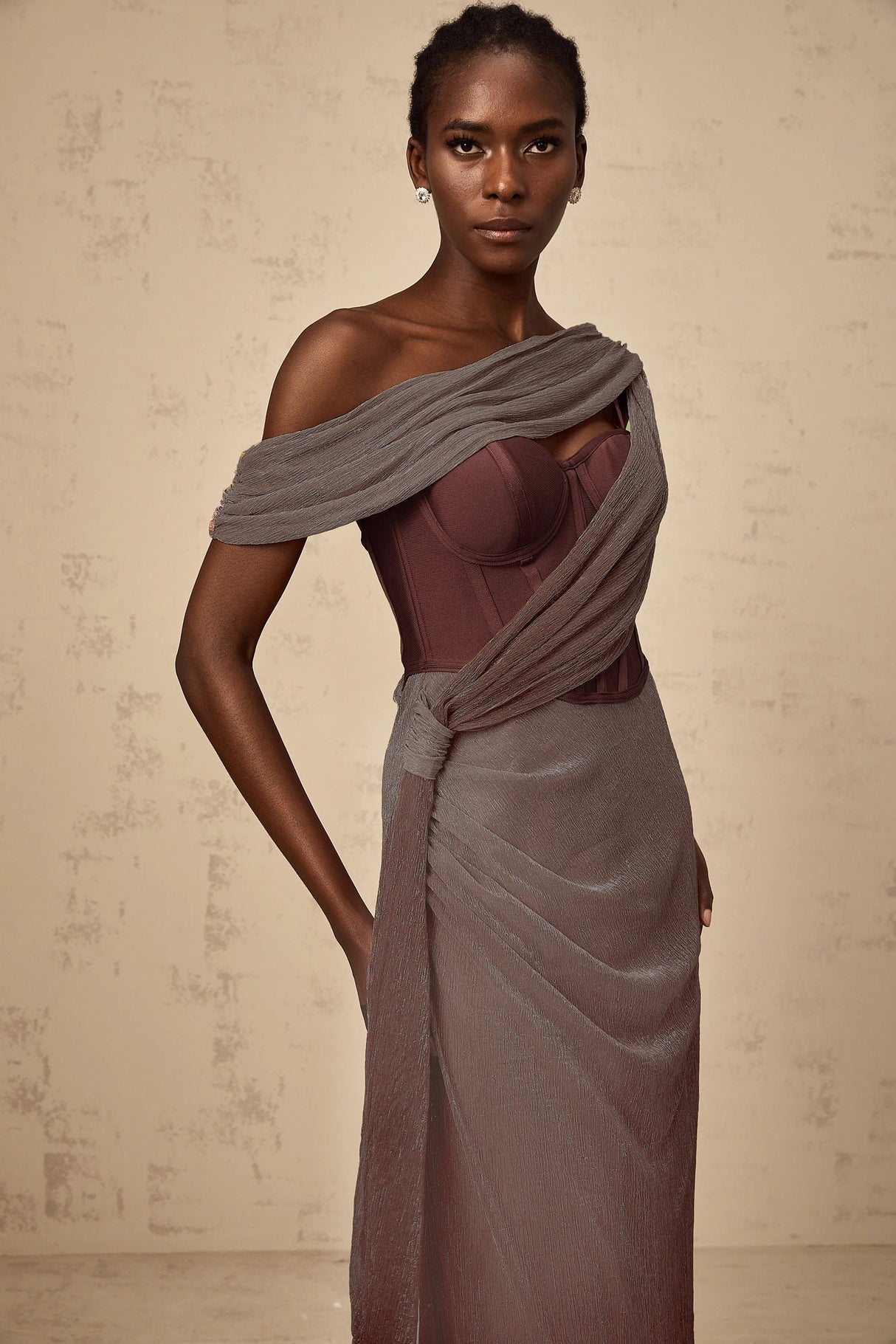 Delphine ribbondesign corset maxi dress in Brown
