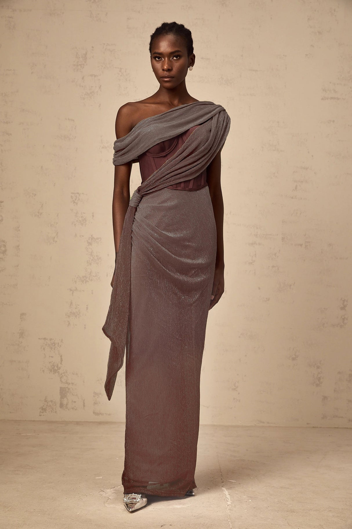 Delphine ribbondesign corset maxi dress in Brown