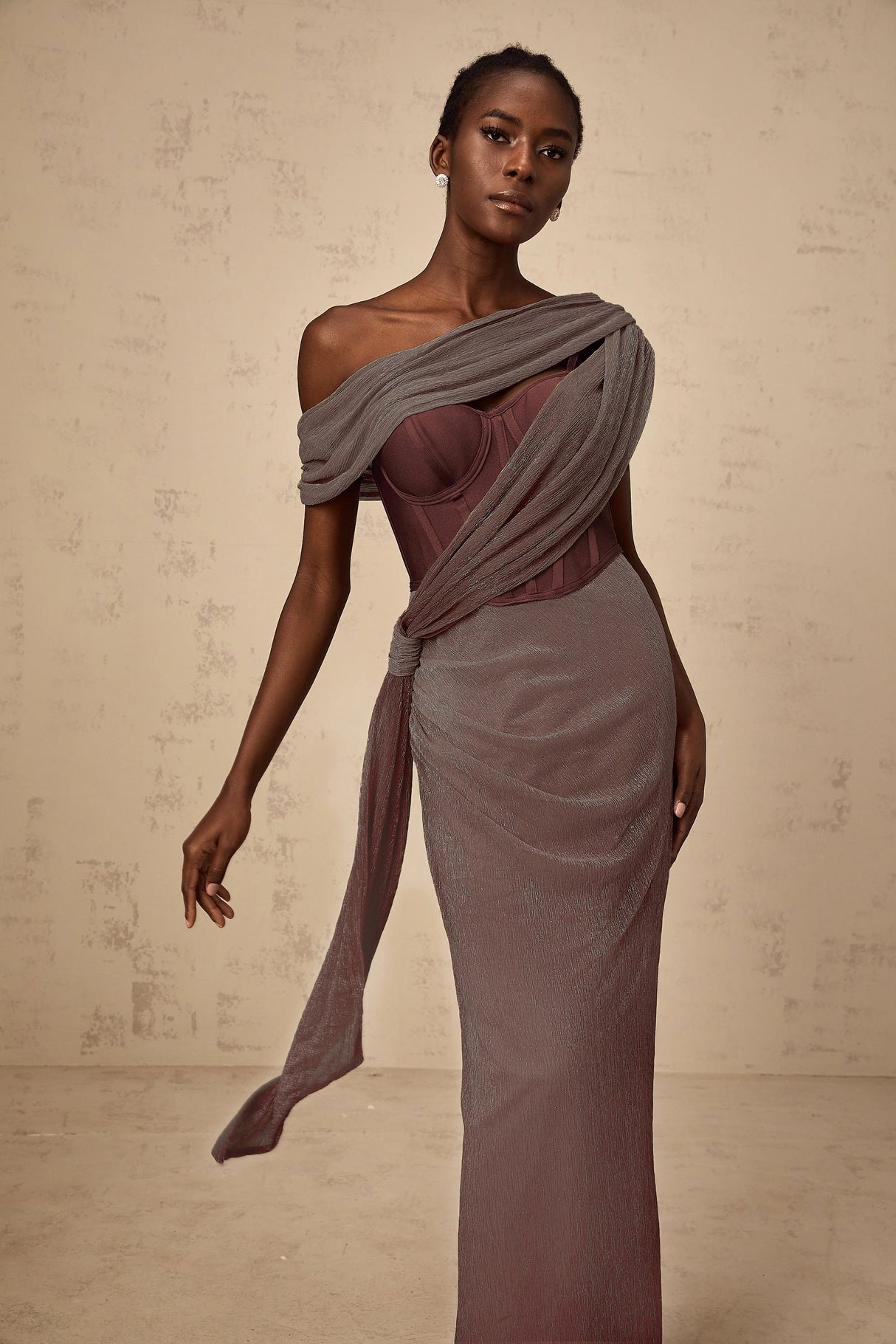 Delphine ribbondesign corset maxi dress in Brown