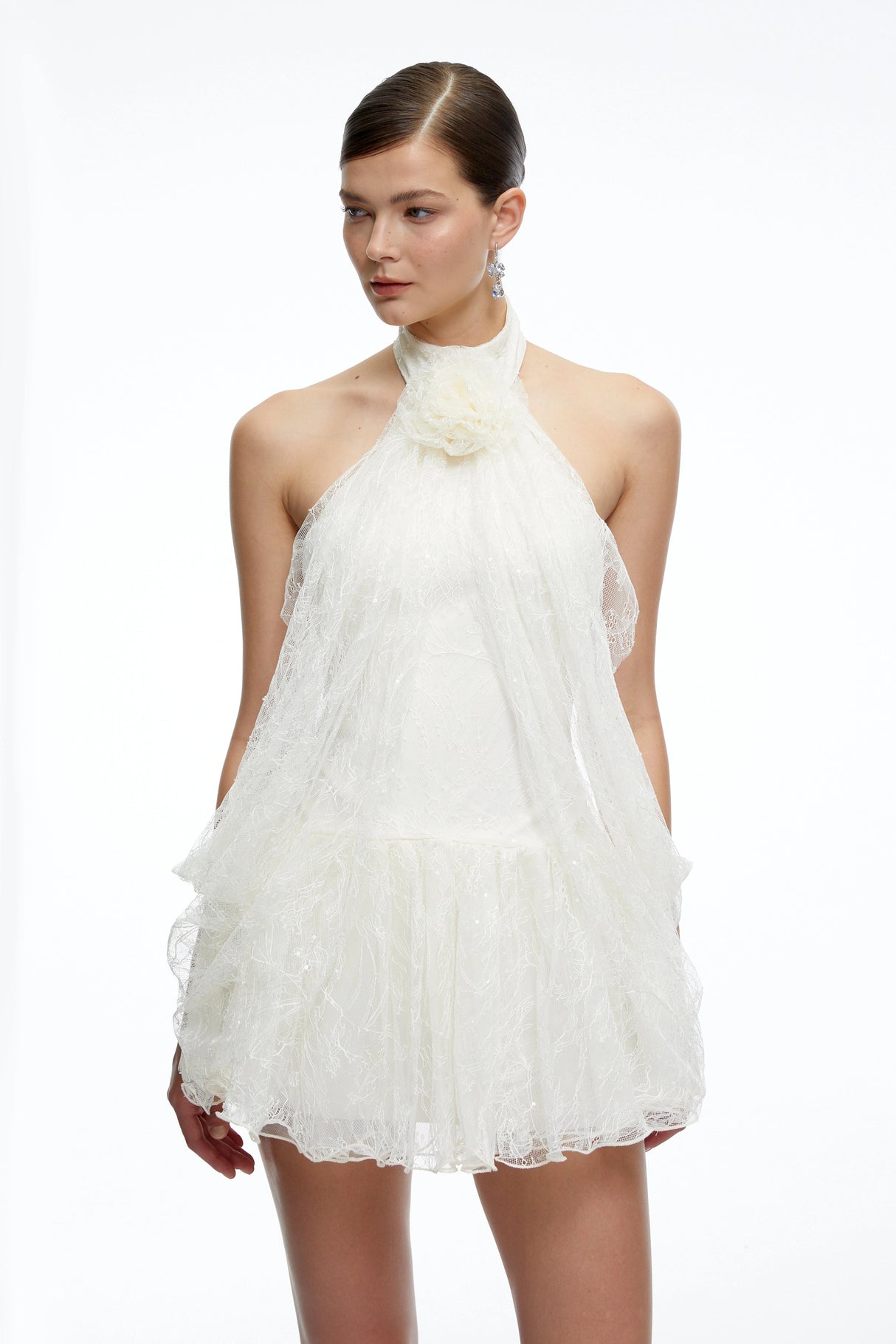 Delphine White Halterneck Lace Mini Dress