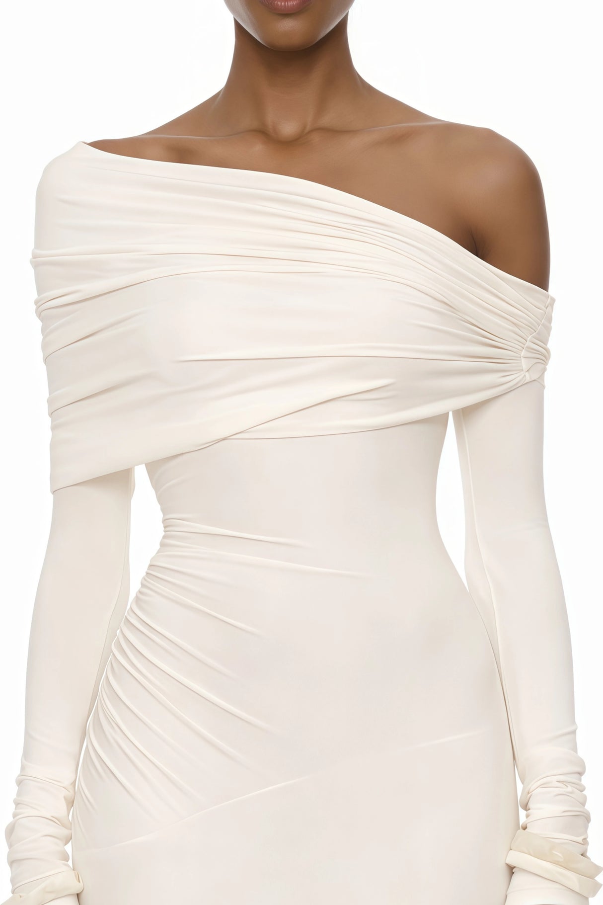 Delphine White OffShoulder Ruched Maxi Dress
