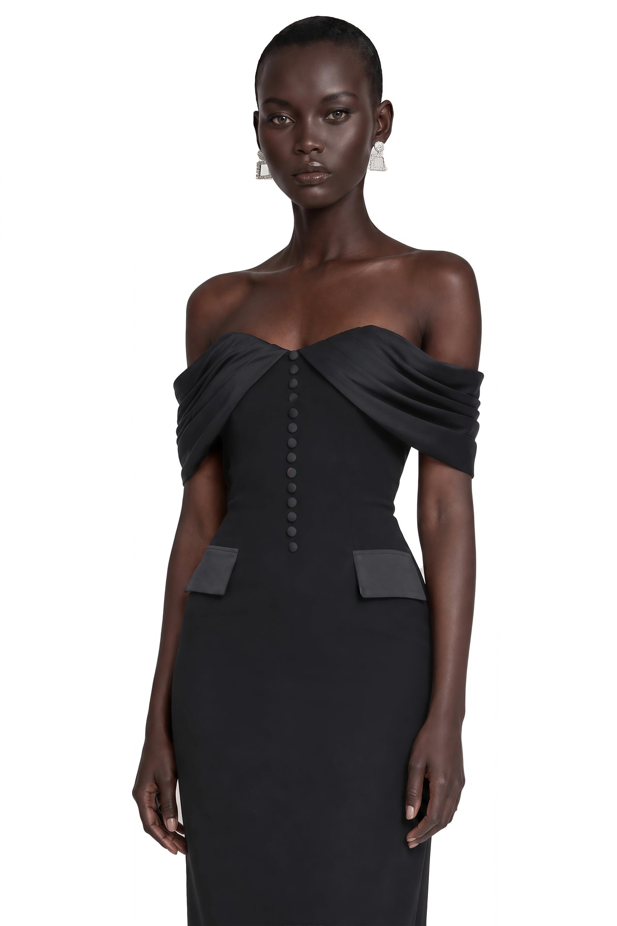 Demetria Black Off Shoulder Maxi Dress with Button Detail