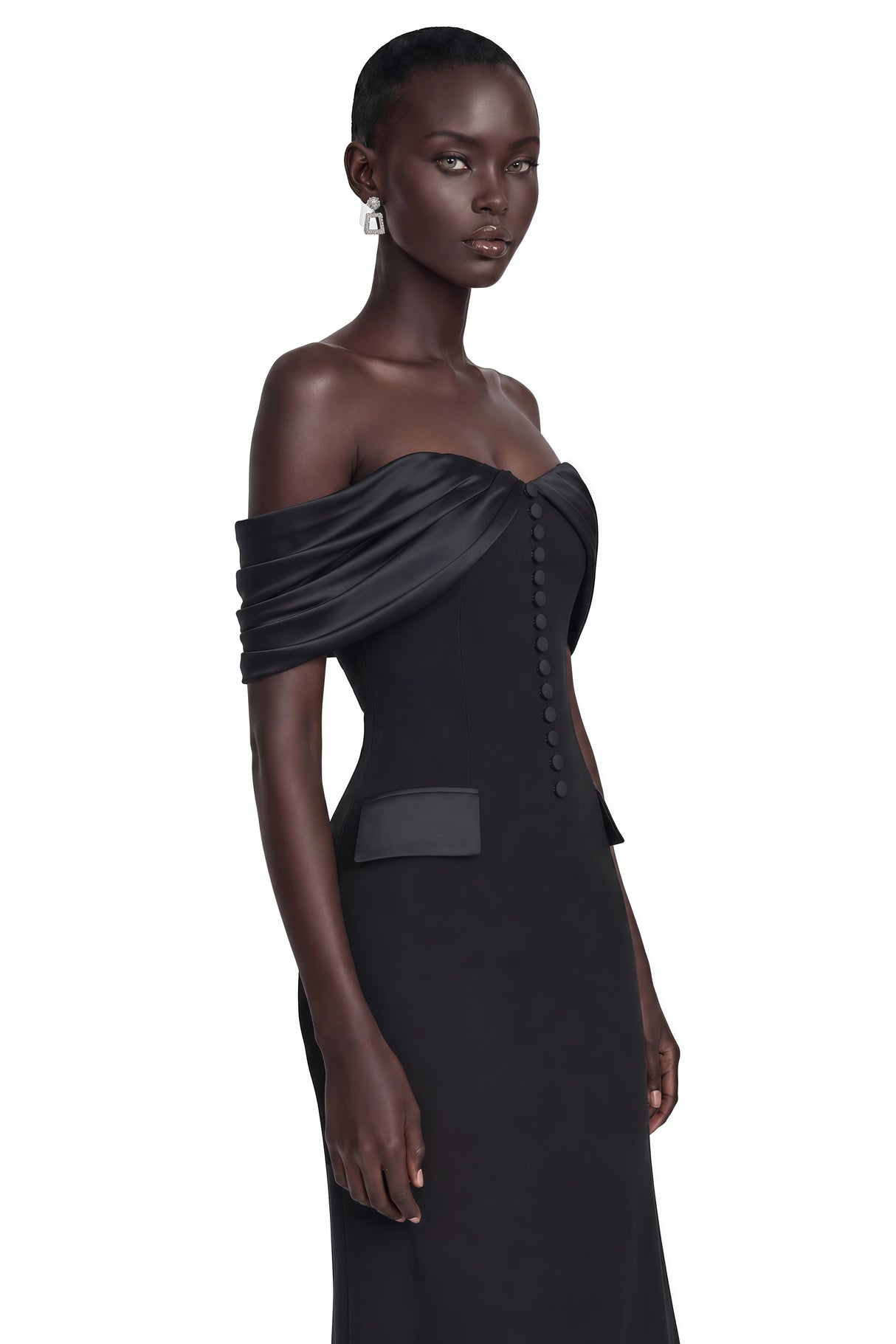 Demetria Black Off Shoulder Maxi Dress with Button Detail