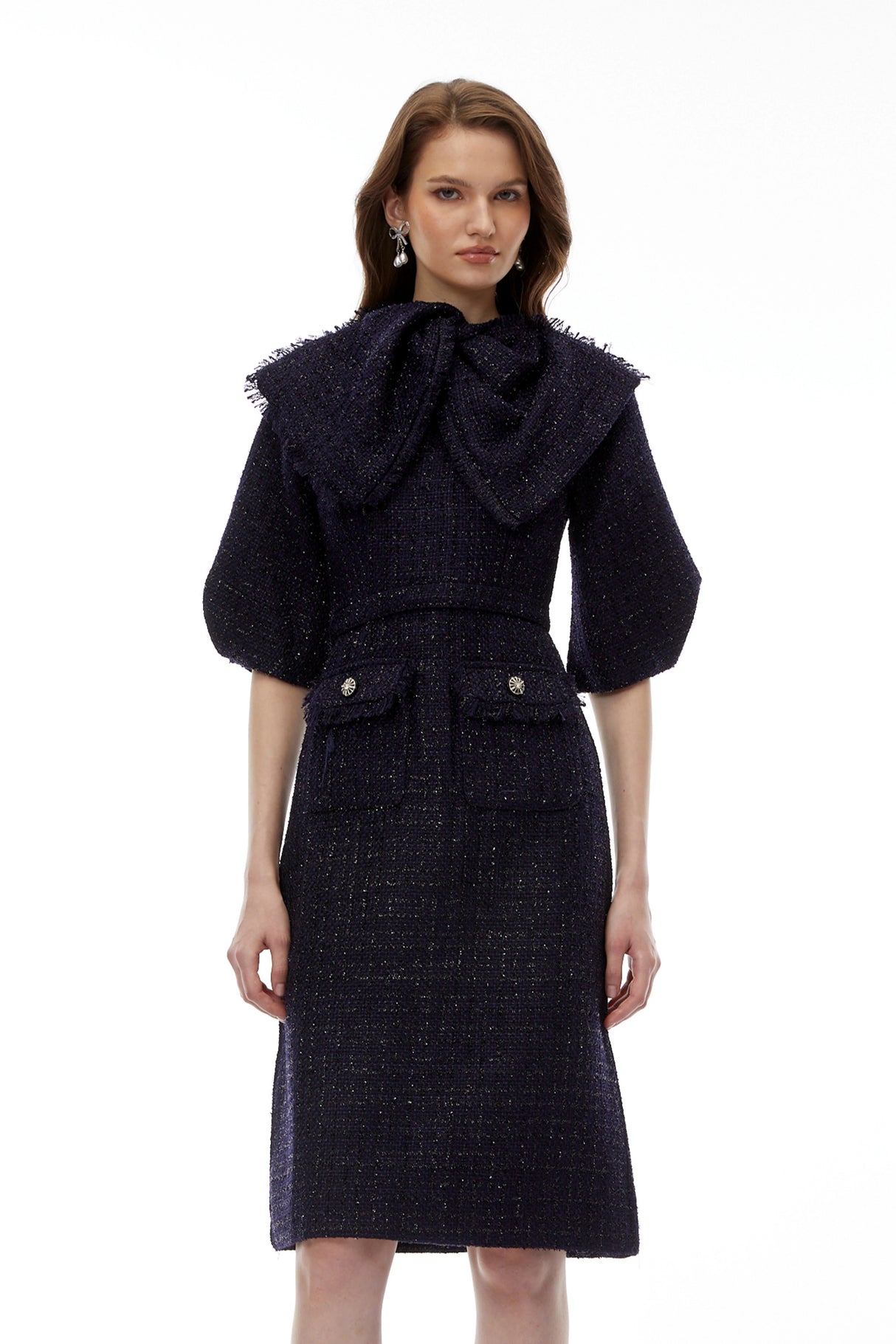 Demetria Blue Tweed Midi Dress with Bow