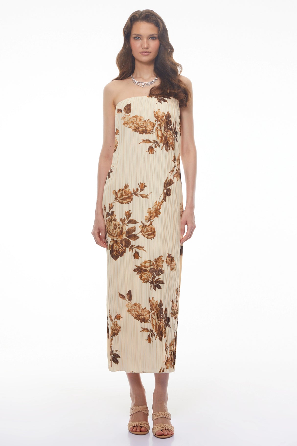 Denise Cream Floral Pleated Midi Dress
