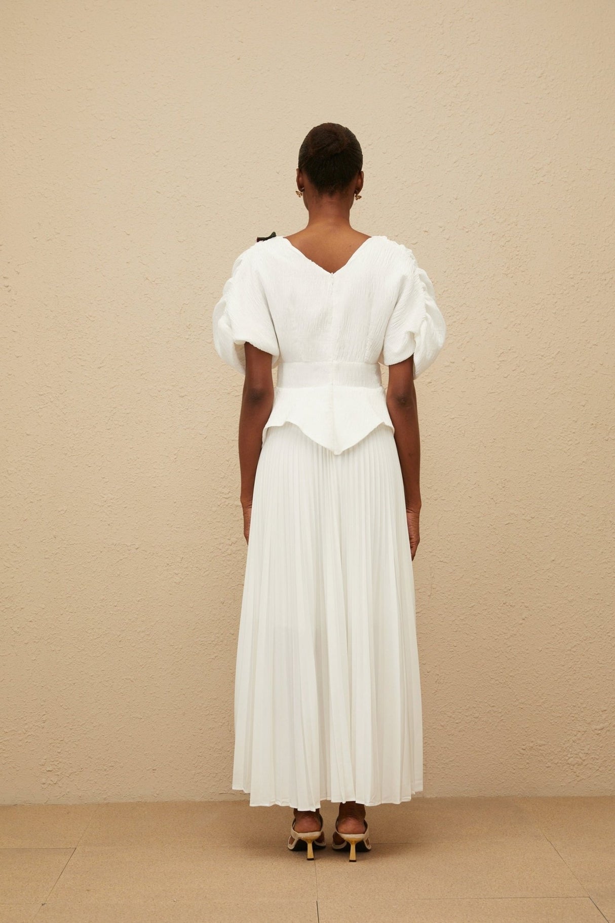 Denise Floral Embroidered Top & Rose Print Skirt - V - Neck - Batwing Sleeves - Pleated Detailing - Maxi Length - Rear Zip Fastening