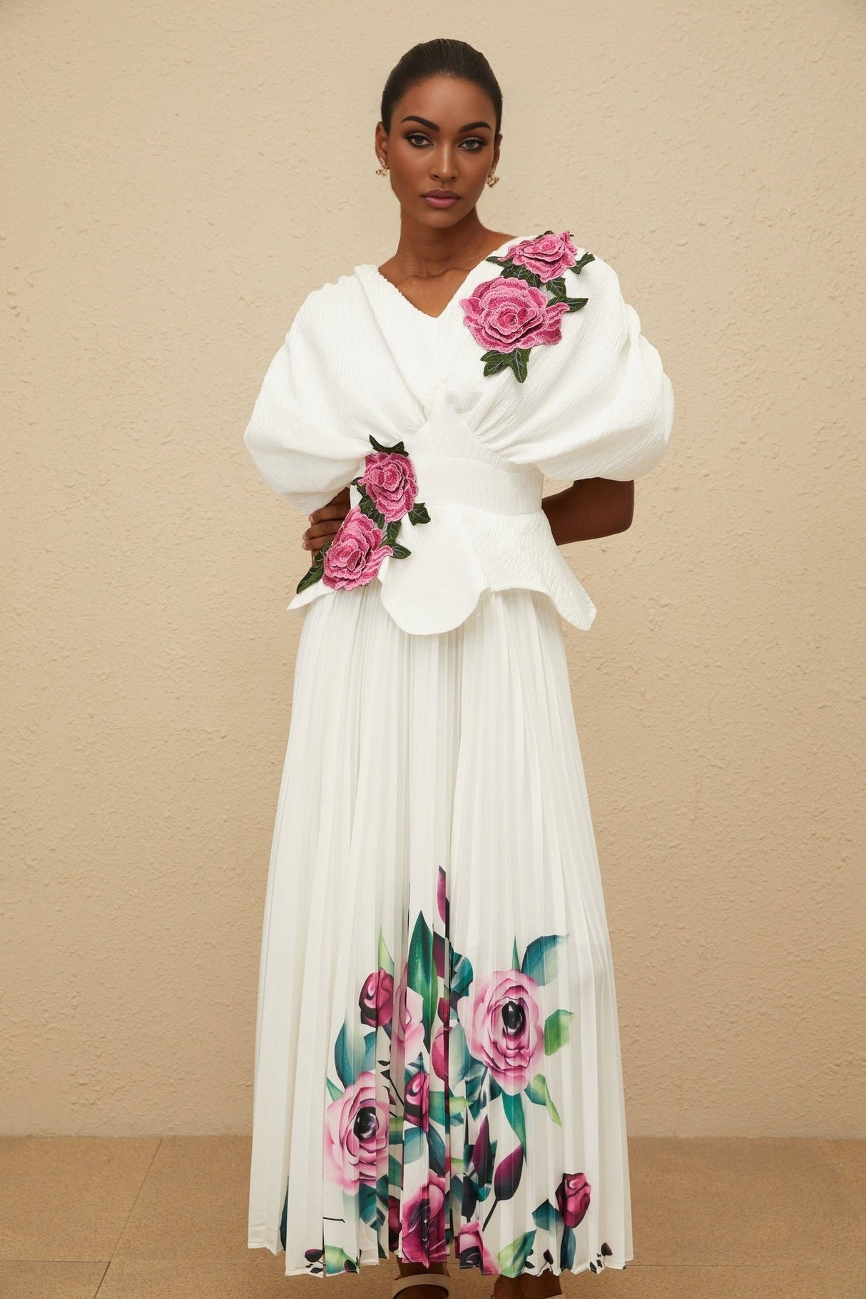 Denise Floral Embroidered Top & Rose Print Skirt - V - Neck - Batwing Sleeves - Pleated Detailing - Maxi Length - Rear Zip Fastening