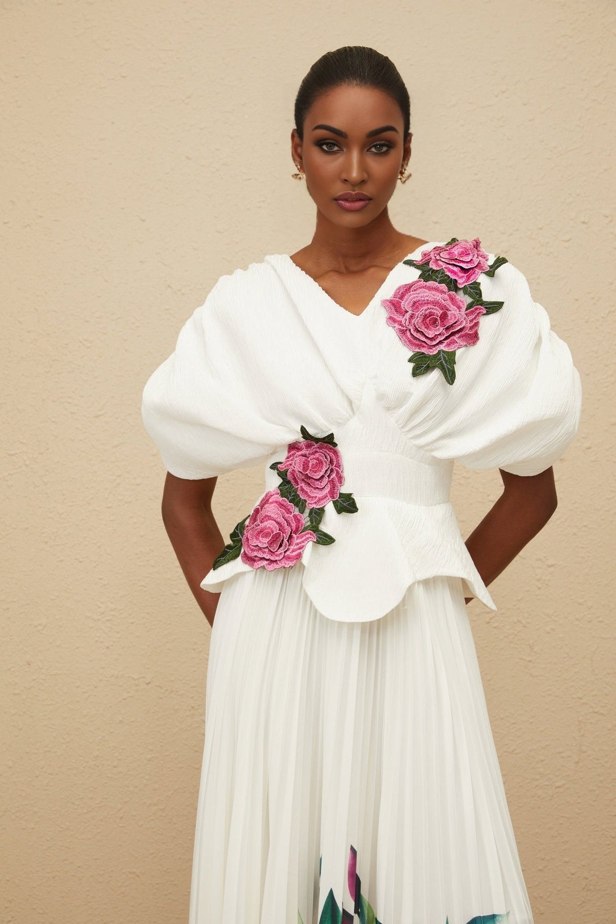 Denise Floral Embroidered Top & Rose Print Skirt - V - Neck - Batwing Sleeves - Pleated Detailing - Maxi Length - Rear Zip Fastening