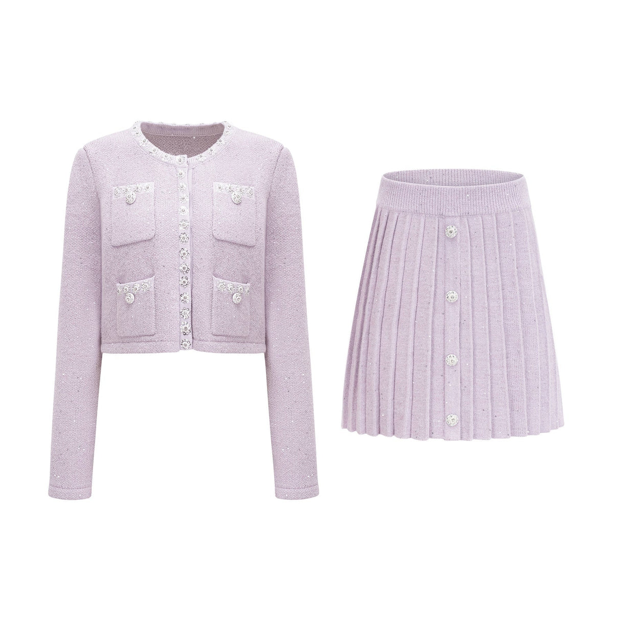 Denise Jacket & Skirt Set - Sequin Detailing - Faux - Pearl Embellishment - Front Button Fastening - Four Patch Pockets - Full Pleated